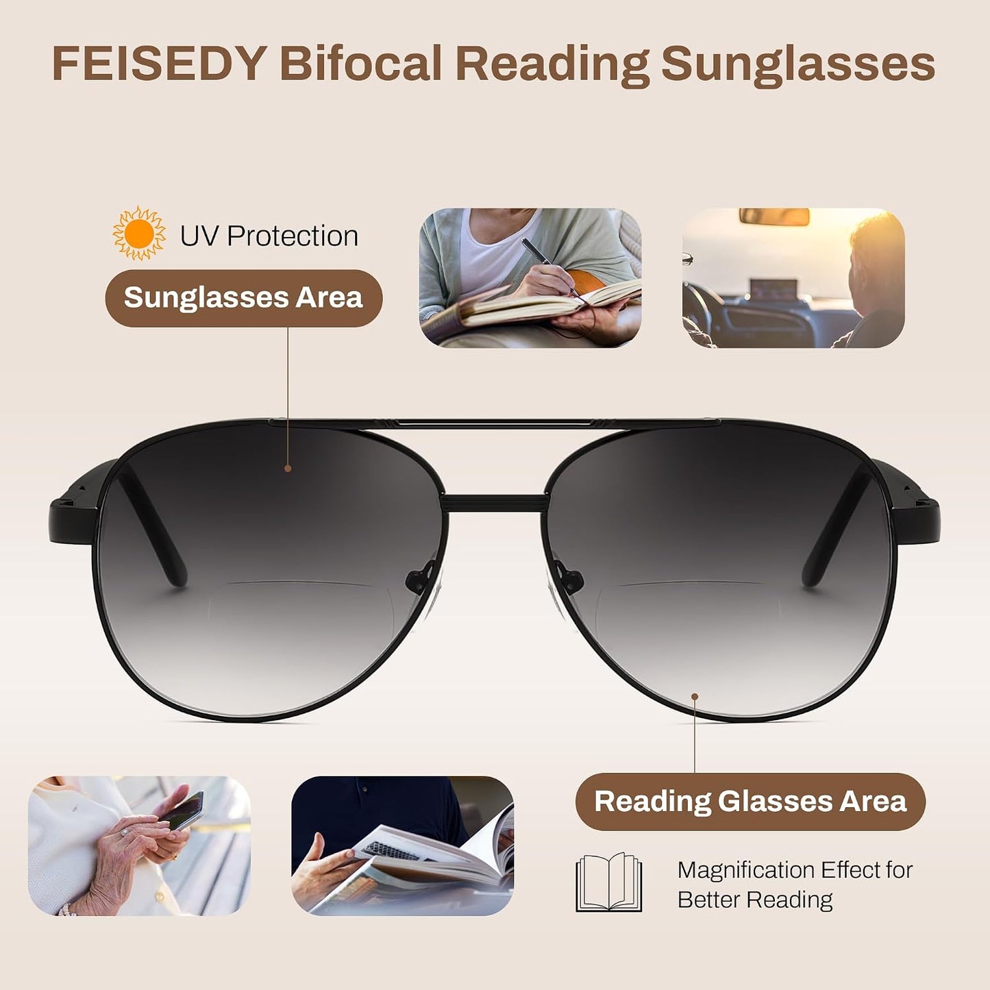 商品图片 10 | B0G1BRNH4D | FEISEDY Metal Aviator Bifocal Reader Sunglasses for Men B0335
