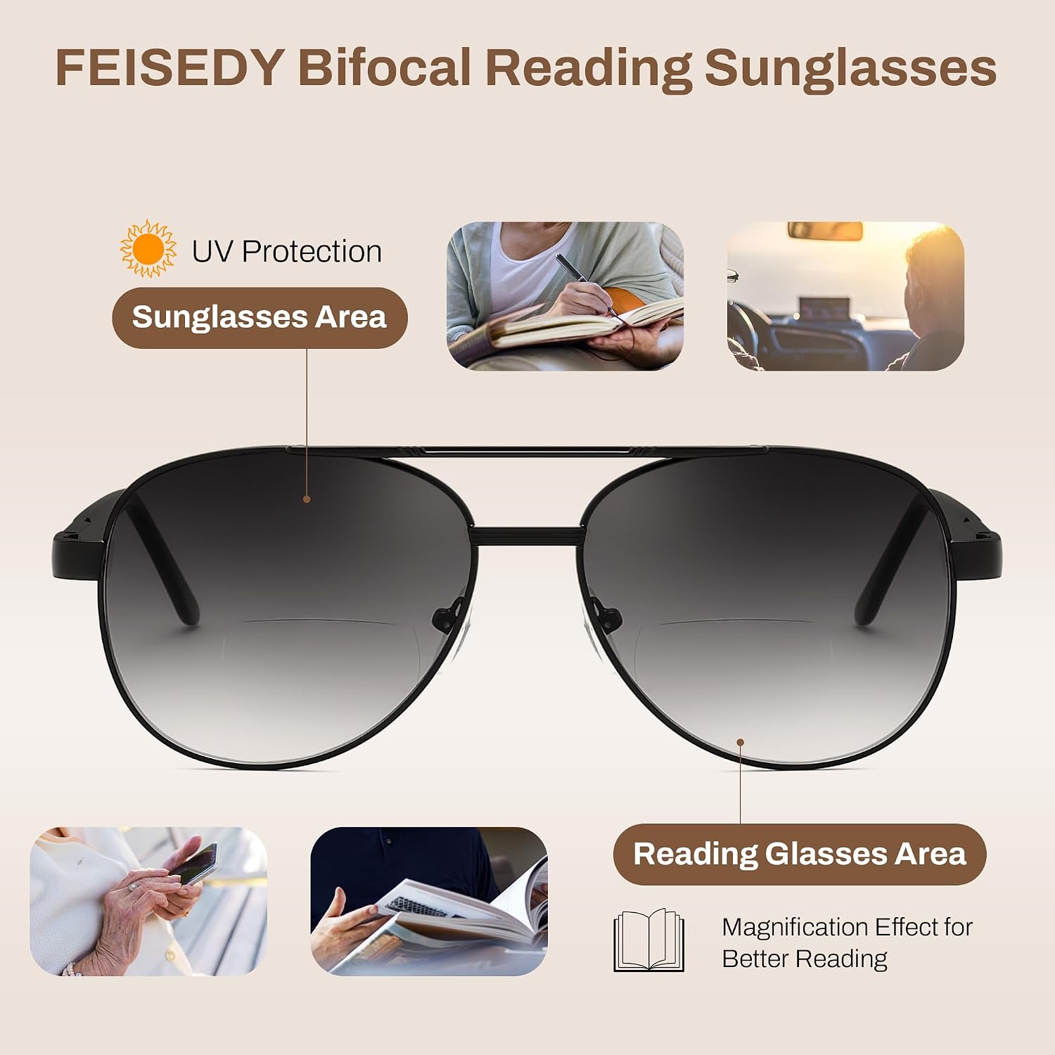 商品图片 10 | B0G1BRNH4D | FEISEDY Metal Aviator Bifocal Reader Sunglasses for Men B0335