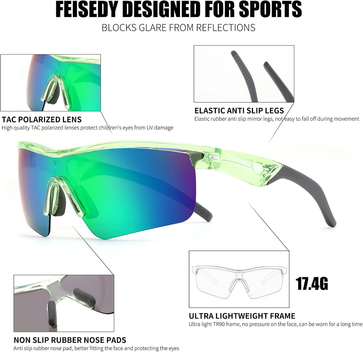 ÉÌƷͼƬ 86 | B07JZ18KMZ | FEISEDY Kids Polarized Sports Sunglasses, TR90 UV400 Baseball Cycling
