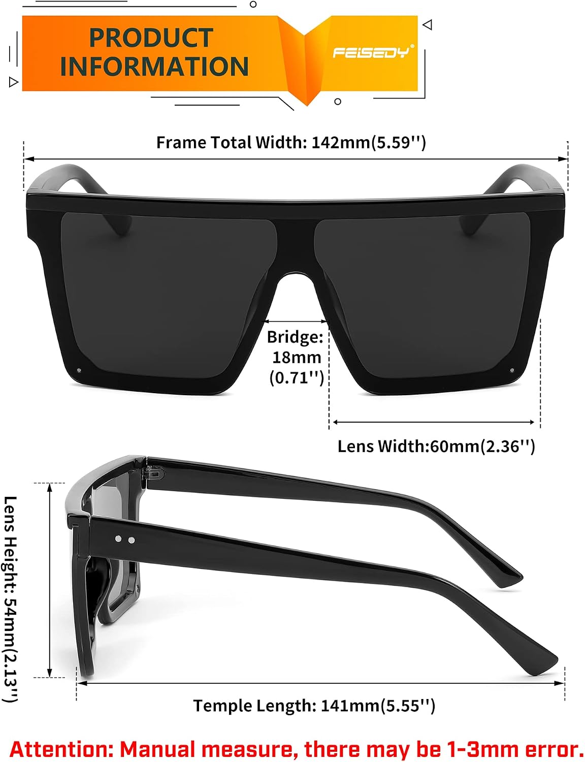 ÉÌƷͼƬ 44 | B09H6XXSDN | FEISEDY Oversized Sunglasses Mens Womens Flat Top Square Trendy Visor Shades UV400 B2470