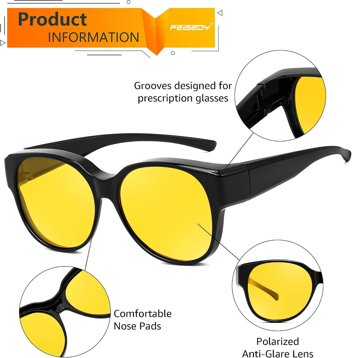 ÉÌƷͼƬ 5 | B0FX4NQCGM | FEISEDY 2Pack Night Driving Glasses Over Glasses with Yellow Lenses Fit Over Polarized Nighttime Sunglasses B0331