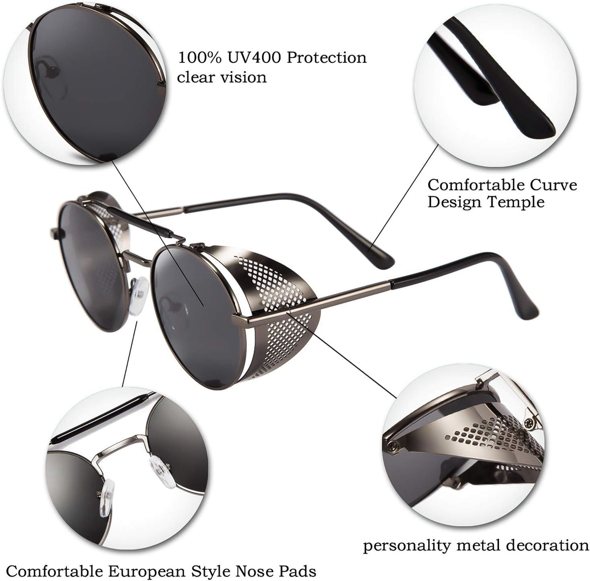 ÉÌƷͼƬ 22 | B09LYD9SW2 | FEISEDY Steam Punk Sunglasses for Men Women Side Shield Round Steampunk Vintage Glasses Shades B2518