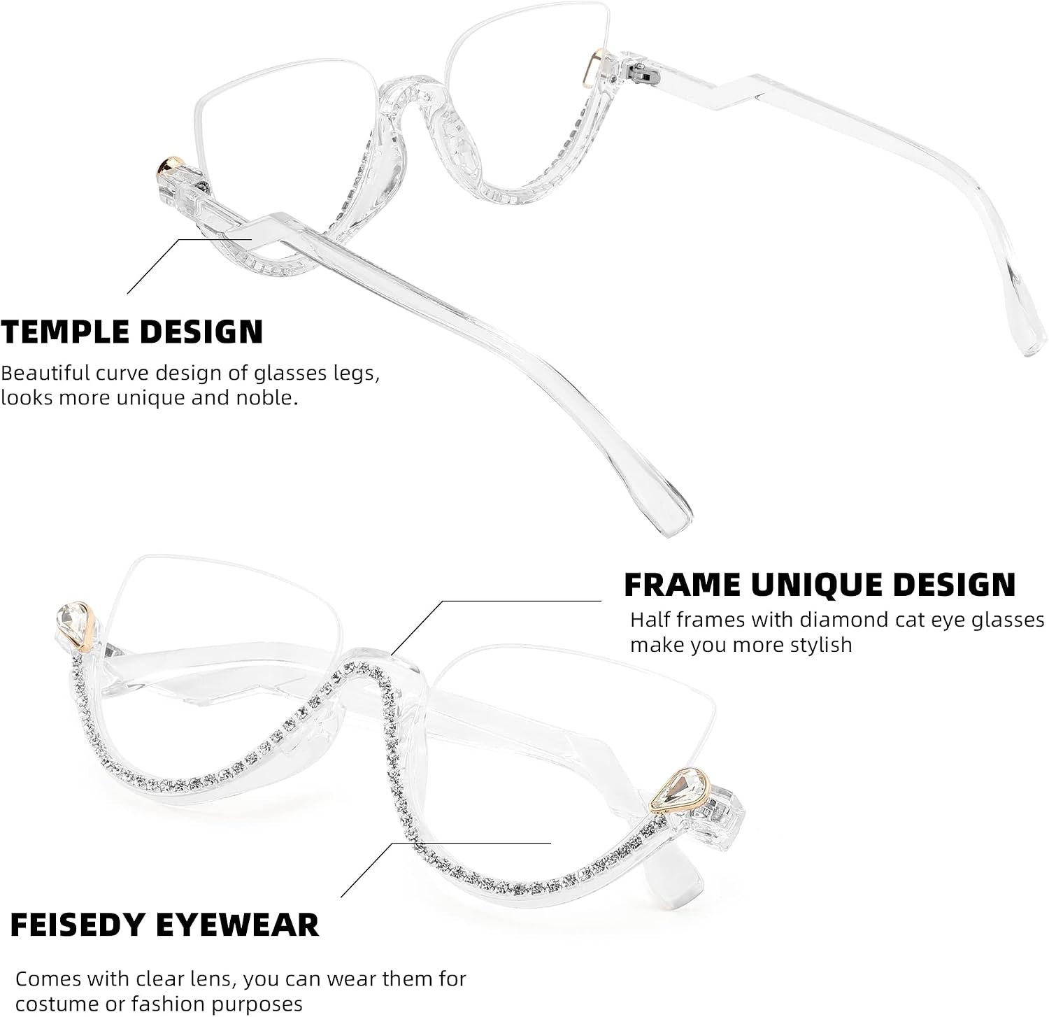 商品图片 11 | B0BK84HWH8 | FEISEDY Women Blue Light Blocking Glasses Fashion Half Frame Cat Eye Glasses Inlaid Diamond Anti Eyestrain B2995