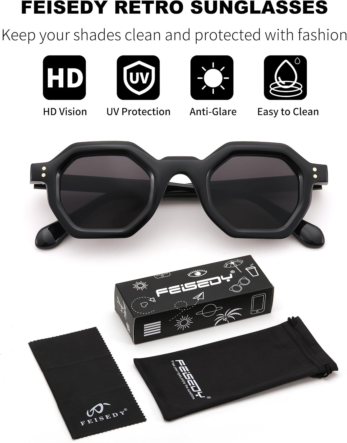 商品图片 22 | B0CSJQ26W8 | FEISEDY Octagon Sunglasses for Women - Thick Frame Fashion Rectangle Sun Glasses - Summer UV400 Protection