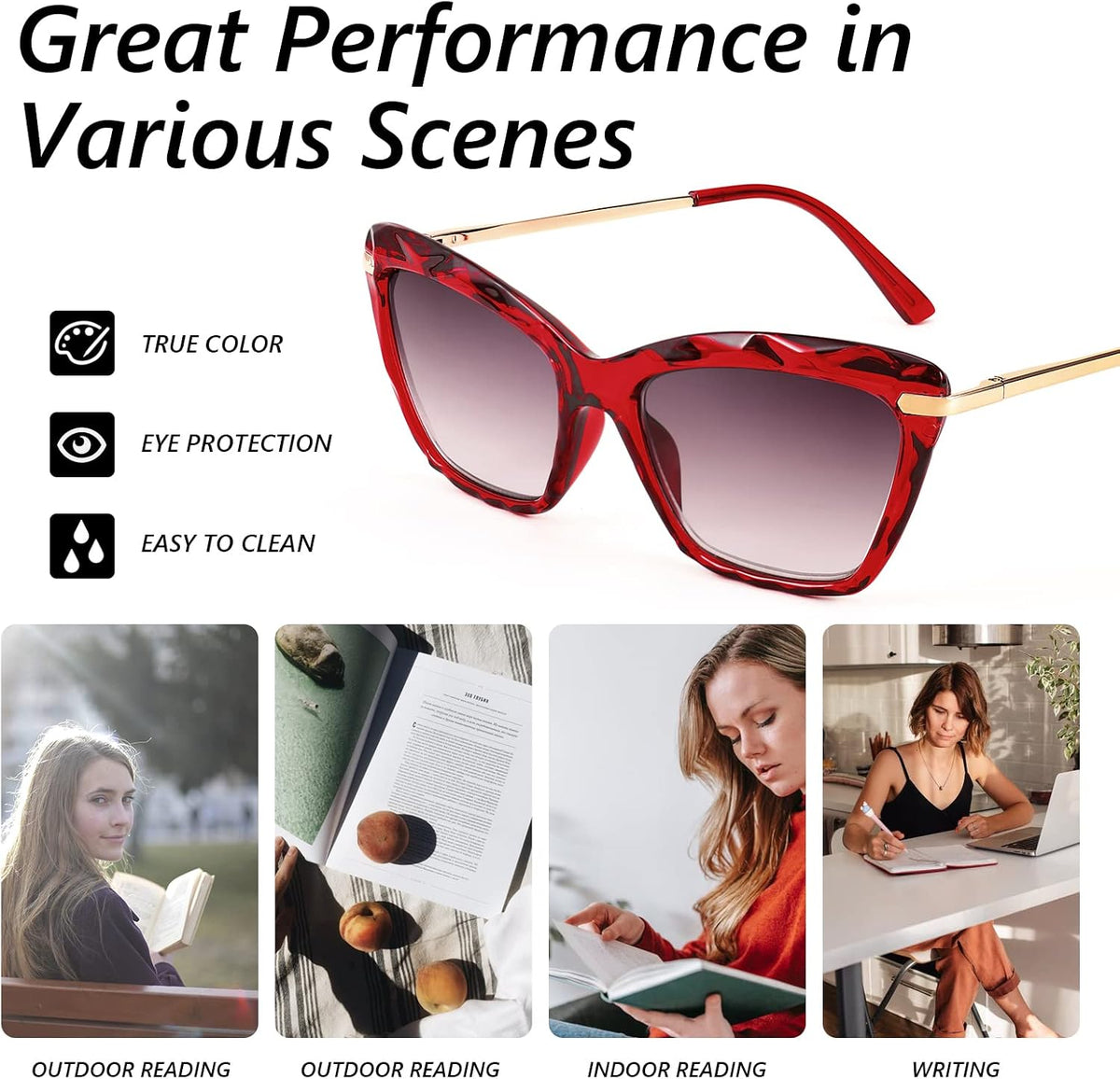 商品图片 19 | B09XDZ71JH | FEISEDY Vintage Cat Eye Reading Sunglasses Full Lens Women Sun Reader Glasses Spring Hinges B2896