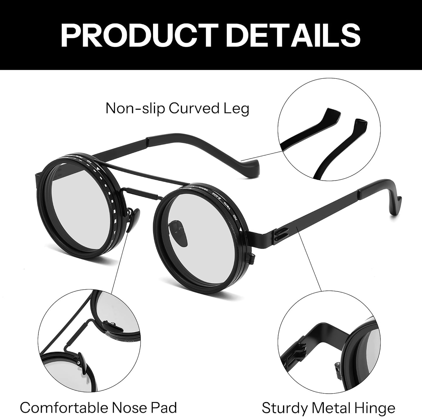 商品图片 17 | B0FK1DDVSV | FEISEDY Adjustable Sunglasses Polarized Men, Round Metal ND Filter B1400