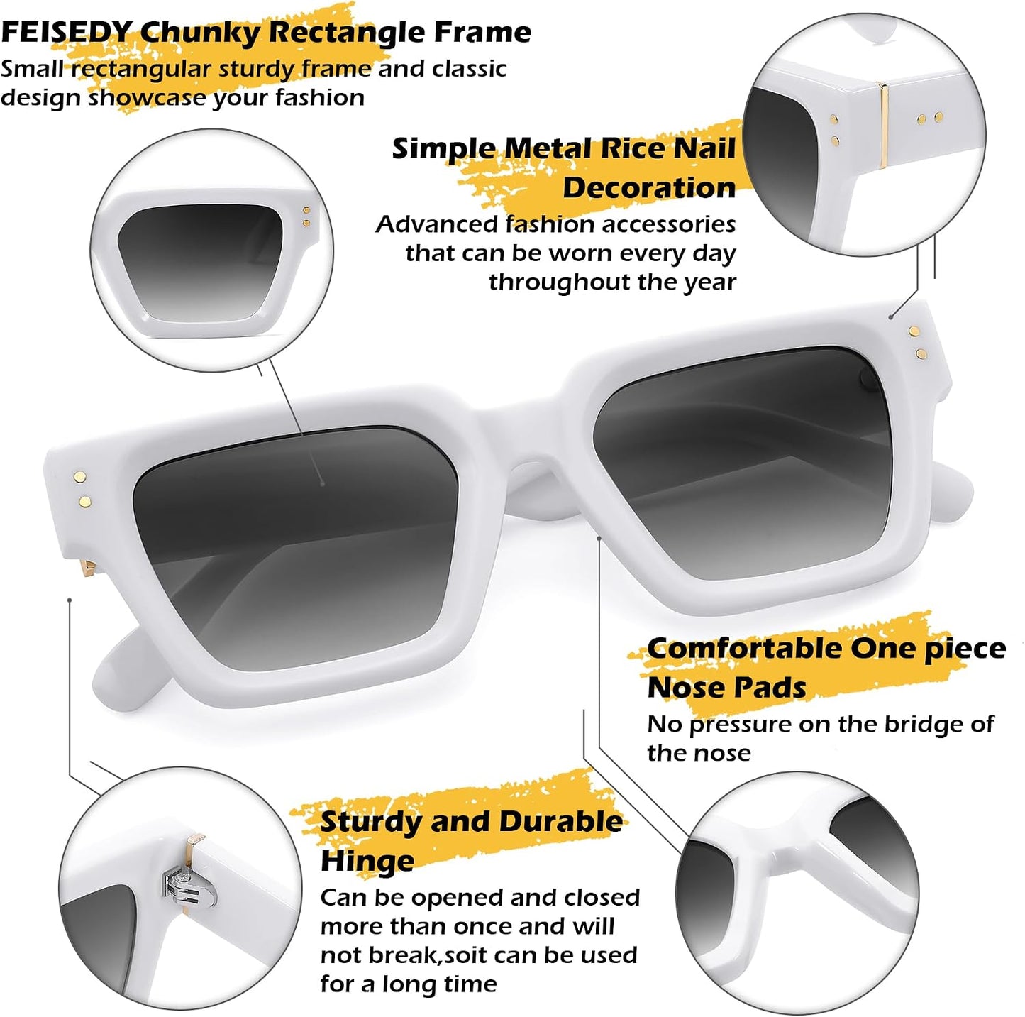 商品图片 11 | B0CHMMTXNK | FEISEDY Retro Rectangle Sunglasses Trendy Chunky Square Sun Glasses for Women Men UV400 Protection B0073