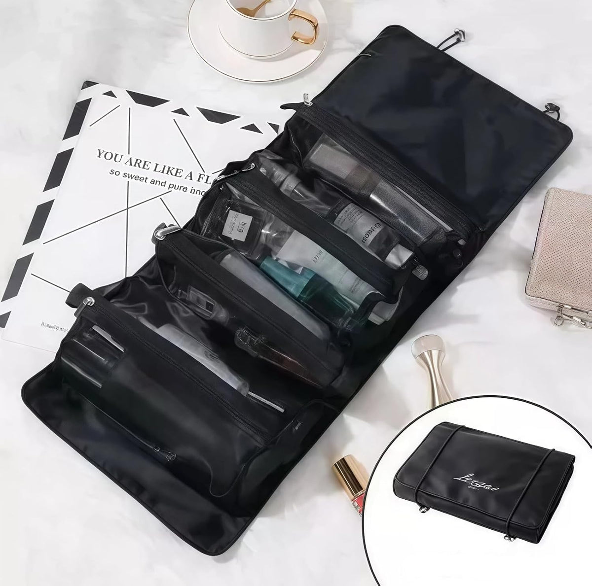 Black | B0H2HMZ2PM | Roll Up Toiletry Bag for Travel, 4 in 1 Detachable Travel Wash Bag, Large Capacity Portable Cosmetic Organizer Makeup Bags