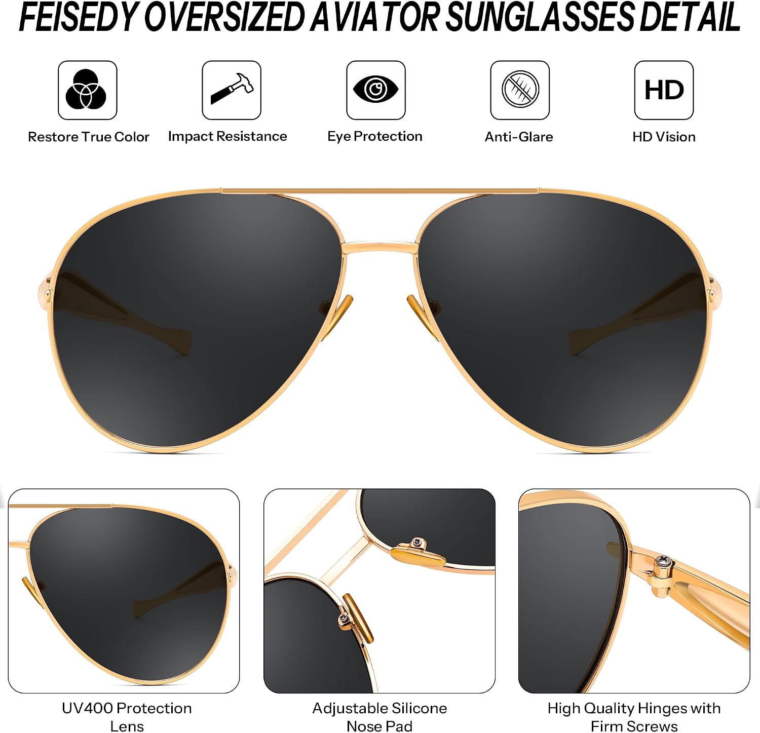 商品图片 37 | B0FKML2SSC | FEISEDY Oversized Aviator Sunglasses Women Men - Retro Gold Metal Chunky Frame, UV400 for Driving & Daily Wear B0311