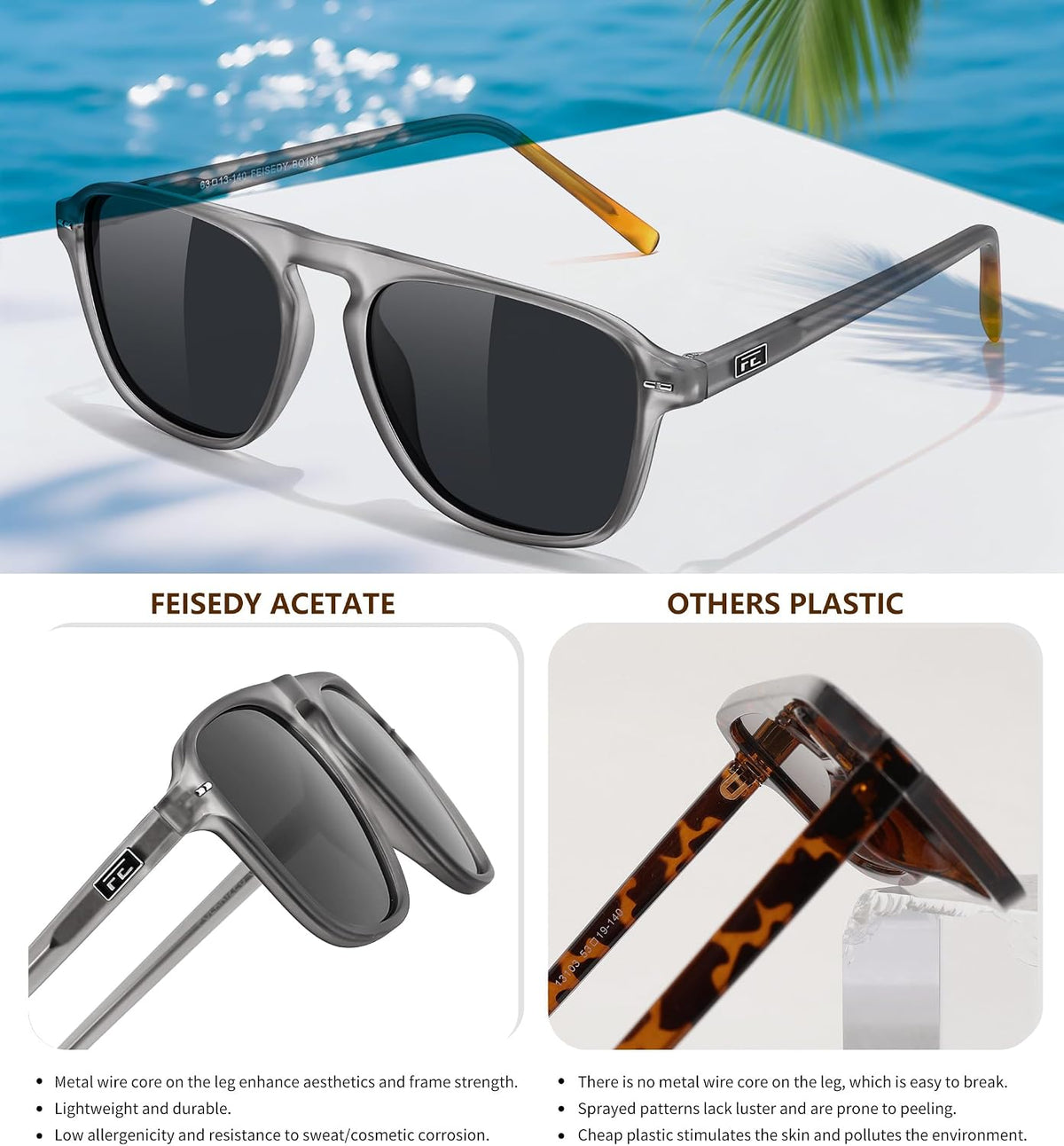 ÉÌƷͼƬ 9 | B0F4D461TF | FEISEDY Polarized Aviator Mens Sunglasses Square Modern Women Vintage Style Acetate Frame UV400 B0191