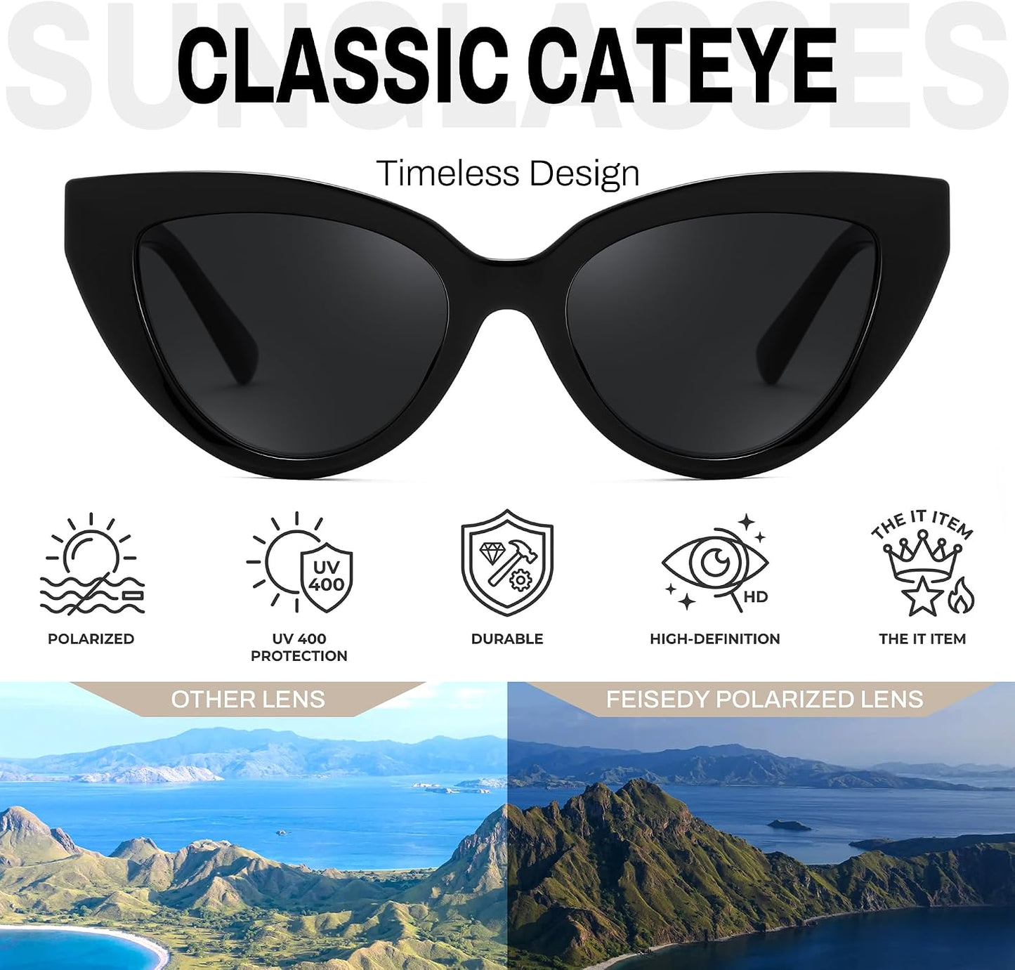 商品图片 3 | B0GVF3CZ9N | FEISEDY Cat eye Sunglasses Polarized and Retro Stylish for Women Men B0428 | UV400 Protection, for Driving Fishing Beach Travel and Party, Metal Accents, Versatile Styling