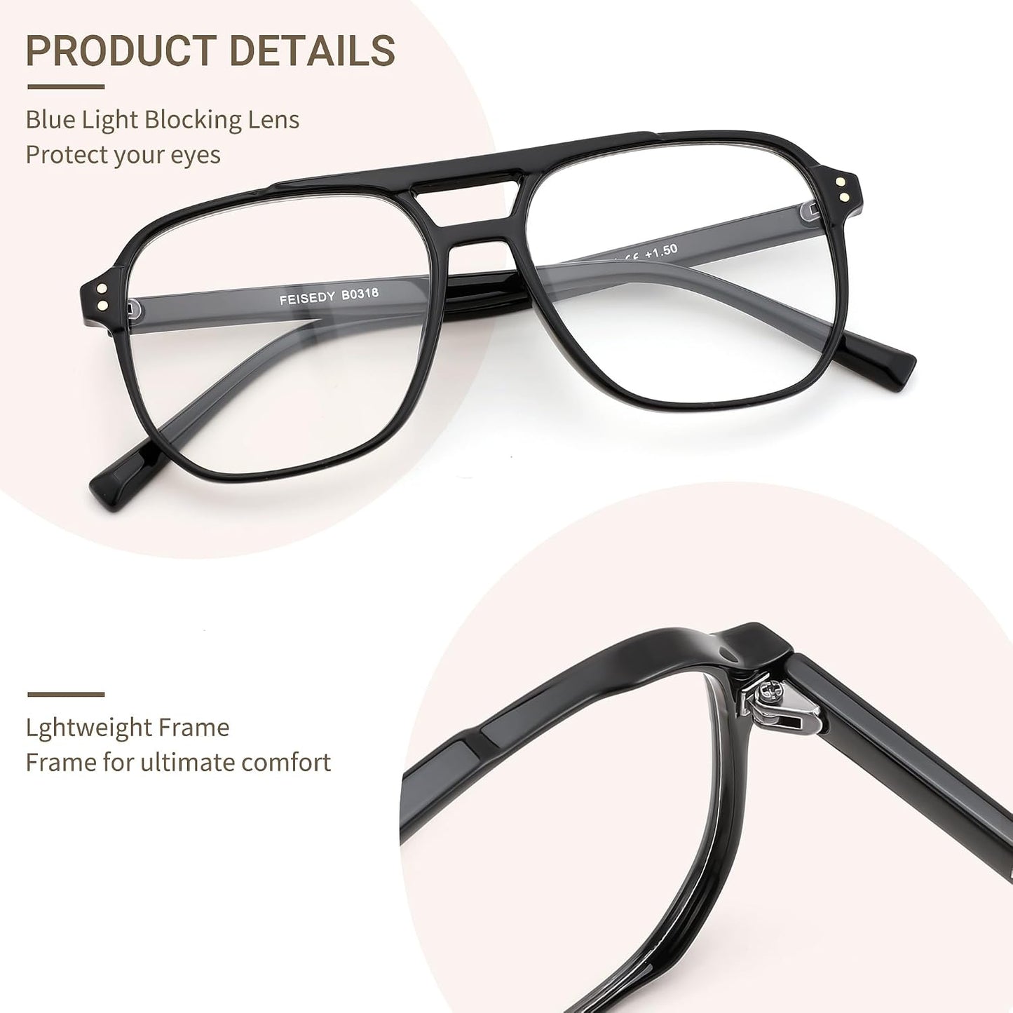 商品图片 5 | B0FWXP3HKW | FEISEDY Fashion Aviator Blue Light Reading Glasses for Woman Men B0318 | Square Pilot Computer Glasses, Anti Eyestrain Glare Readers