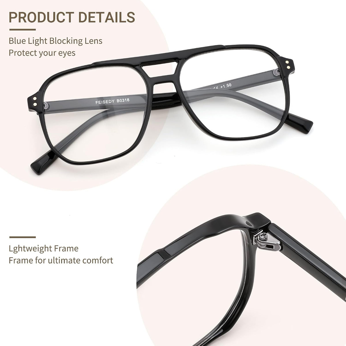 商品图片 5 | B0FWXP3HKW | FEISEDY Fashion Aviator Blue Light Reading Glasses for Woman Men B0318 | Square Pilot Computer Glasses, Anti Eyestrain Glare Readers