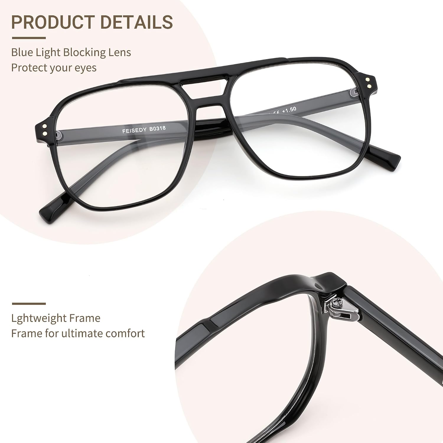 商品图片 5 | B0FWXP3HKW | FEISEDY Fashion Aviator Blue Light Reading Glasses for Woman Men B0318 | Square Pilot Computer Glasses, Anti Eyestrain Glare Readers