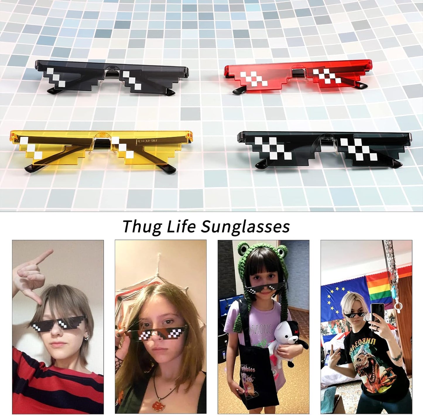 商品图片 6 | B09SCSCKL3 | FEISEDY 2PACK Thug Life Sunglasses Funny Pixelated Mosaic Gamer Glasses Party Disco Cool B2876-F2