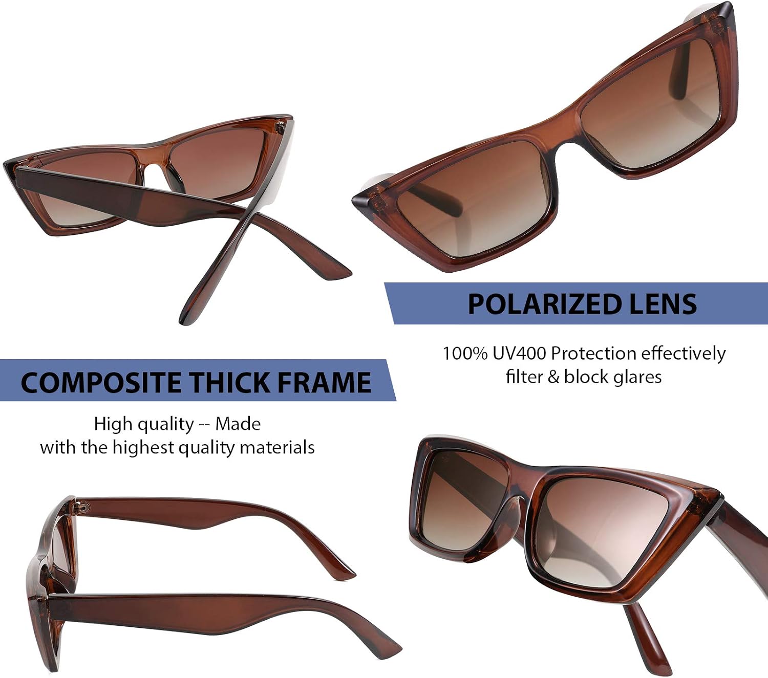 商品图片 3 | B08TM3J1R9 | FEISEDY Small Cateye Square Polarized Sunglasses Women Classic Thick Rectangle Frame UV400 Sun Glasses B2736