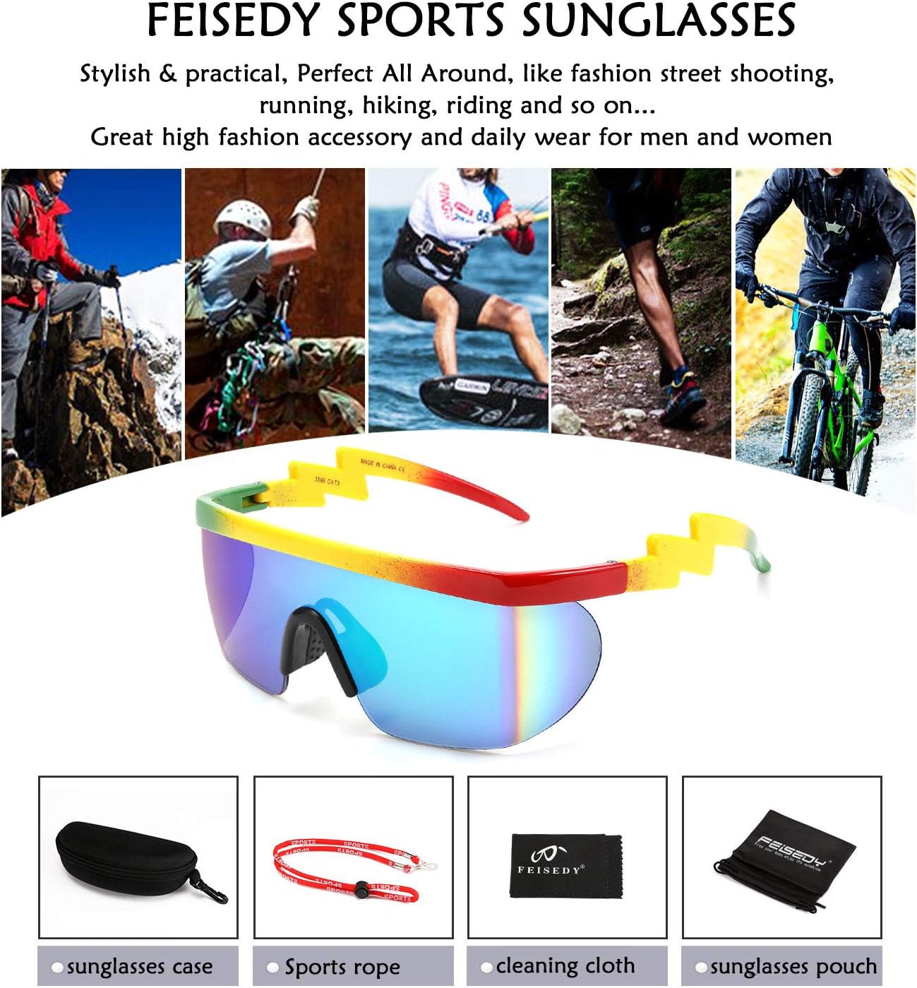 商品图片 77 | B096SD9GGG | FEISEDY Oversized Mirror Shield Sport 80s Sunglasses Ski Goggles Flat Top One Piece Futuristic Visor Women Men B2522