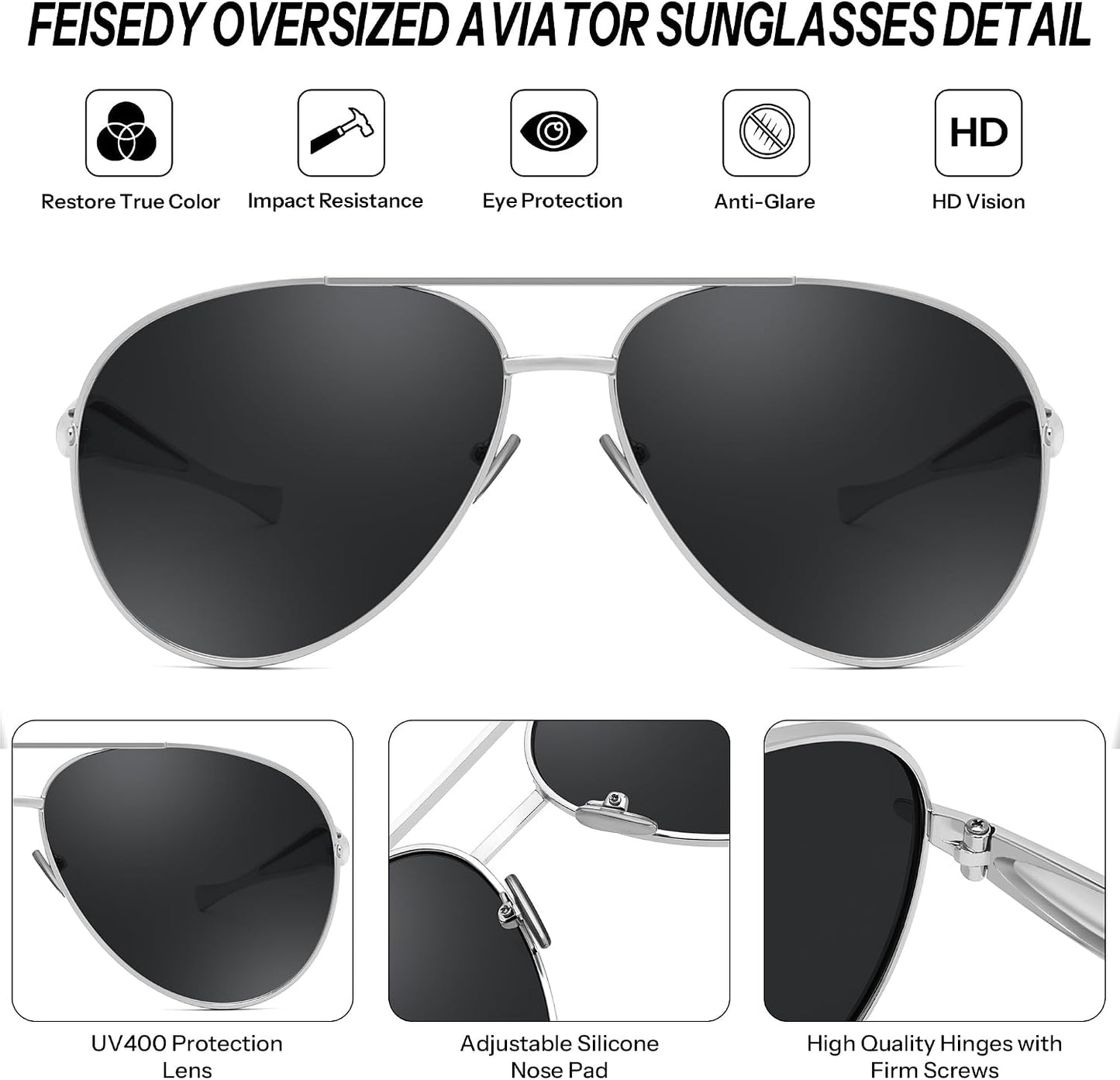 商品图片 26 | B0FKML2SSC | FEISEDY Oversized Aviator Sunglasses Women Men - Retro Gold Metal Chunky Frame, UV400 for Driving & Daily Wear B0311