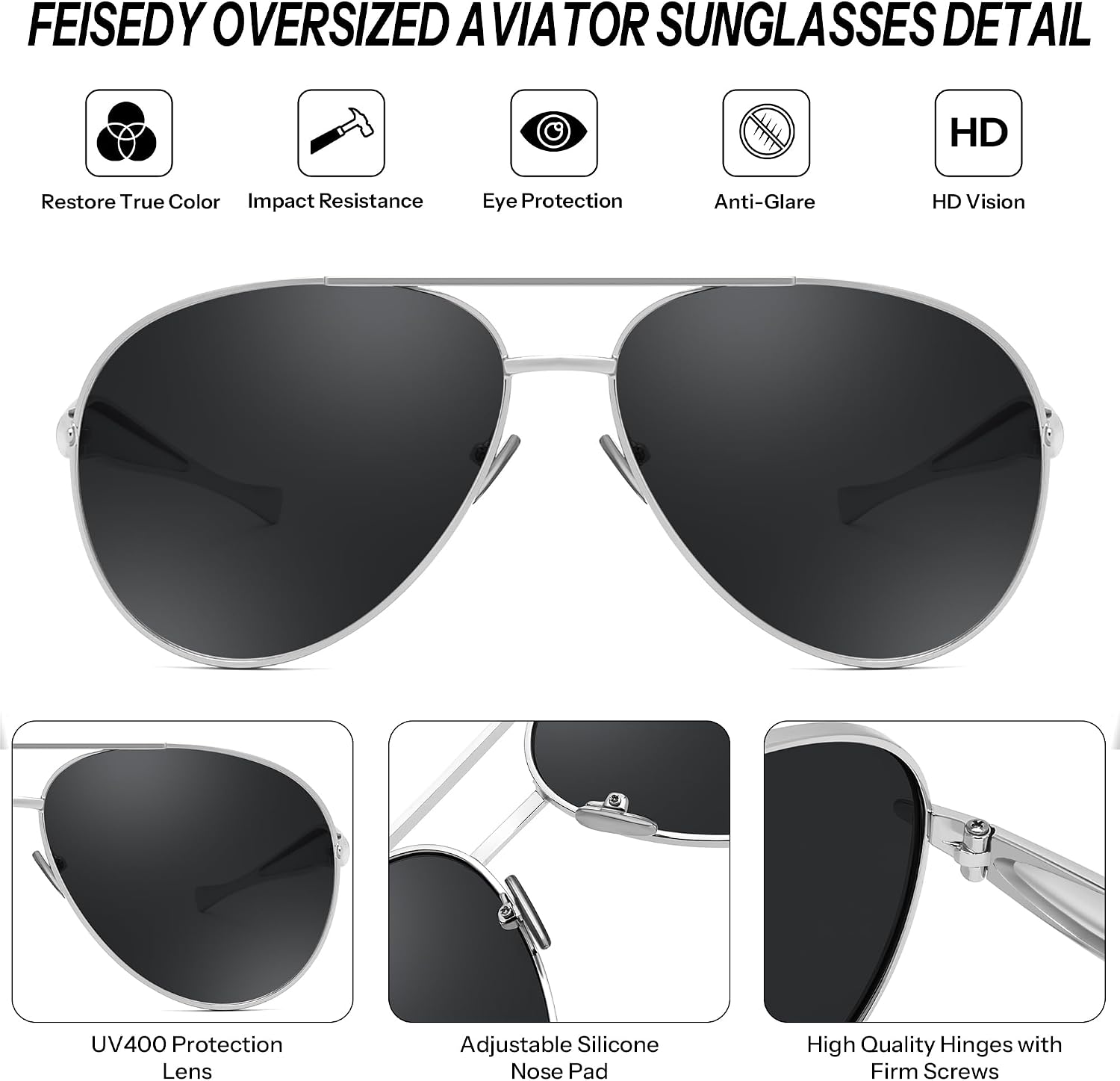 商品图片 26 | B0FKML2SSC | FEISEDY Oversized Aviator Sunglasses Women Men - Retro Gold Metal Chunky Frame, UV400 for Driving & Daily Wear B0311