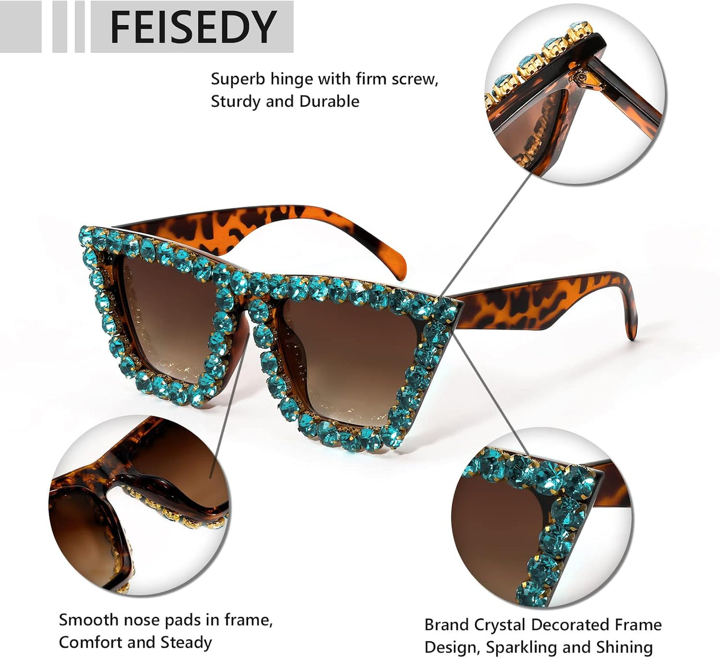 商品图片 43 | B09V7X56D4 | FEISEDY Women Crystal Square Cat Eye Sunglasses Sparkling Trendy Retro Cateye Sunglasses B2898