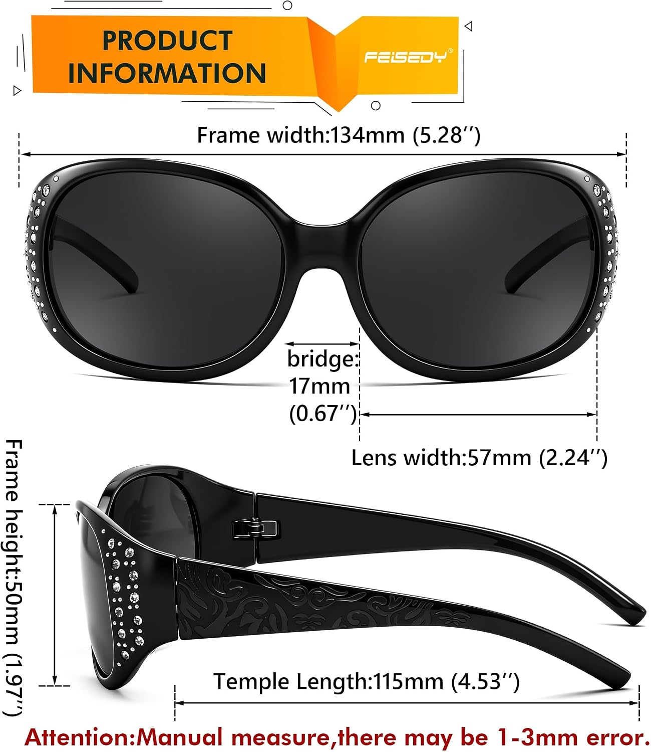商品图片 7 | B0FZT6D16L | FEISEDY Women's Polarized Sunglasses Wrap Around Rhinestone Design Fashion Sunnies UV400 Protection B1091