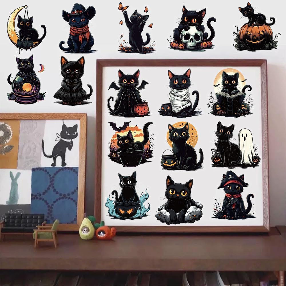 商品图片 2 | B0FQCK5TRP | 50 PCS Black Cat Stickers - Window Clings, Wall, Fridge, Phone - Cute Black Cat Window Decorations