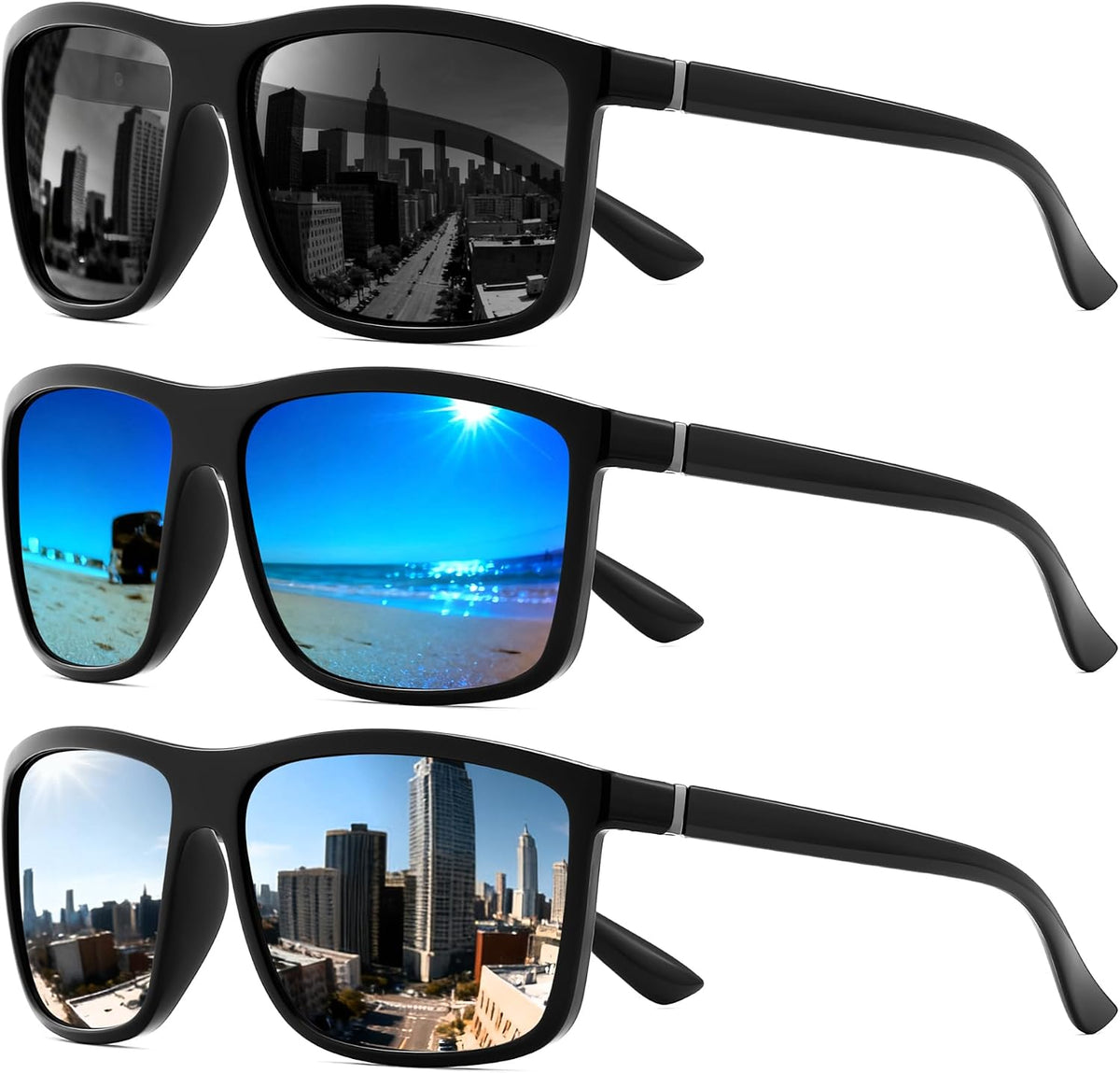 Black/Grey+black/Blue+black/Sliver / 55 Millimeters | B0FPM62B13 | FEISEDY Square Polarized Sunglasses For Men Women B0322