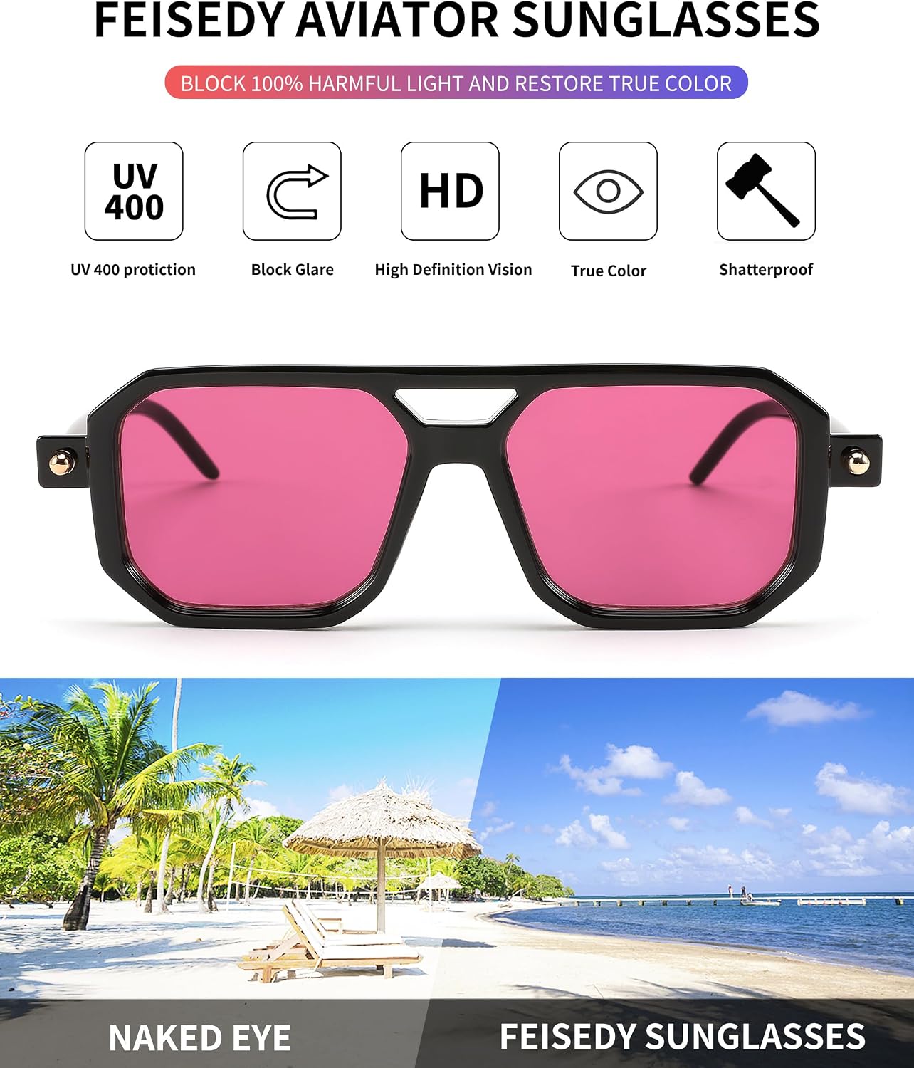 商品图片 183 | B09YTJ4FQZ | FEISEDY Vintage Square 70s Flat Aviator Sunglasses Women Men Classic Retro Stylish Frame UV400 Sunglasses B2622
