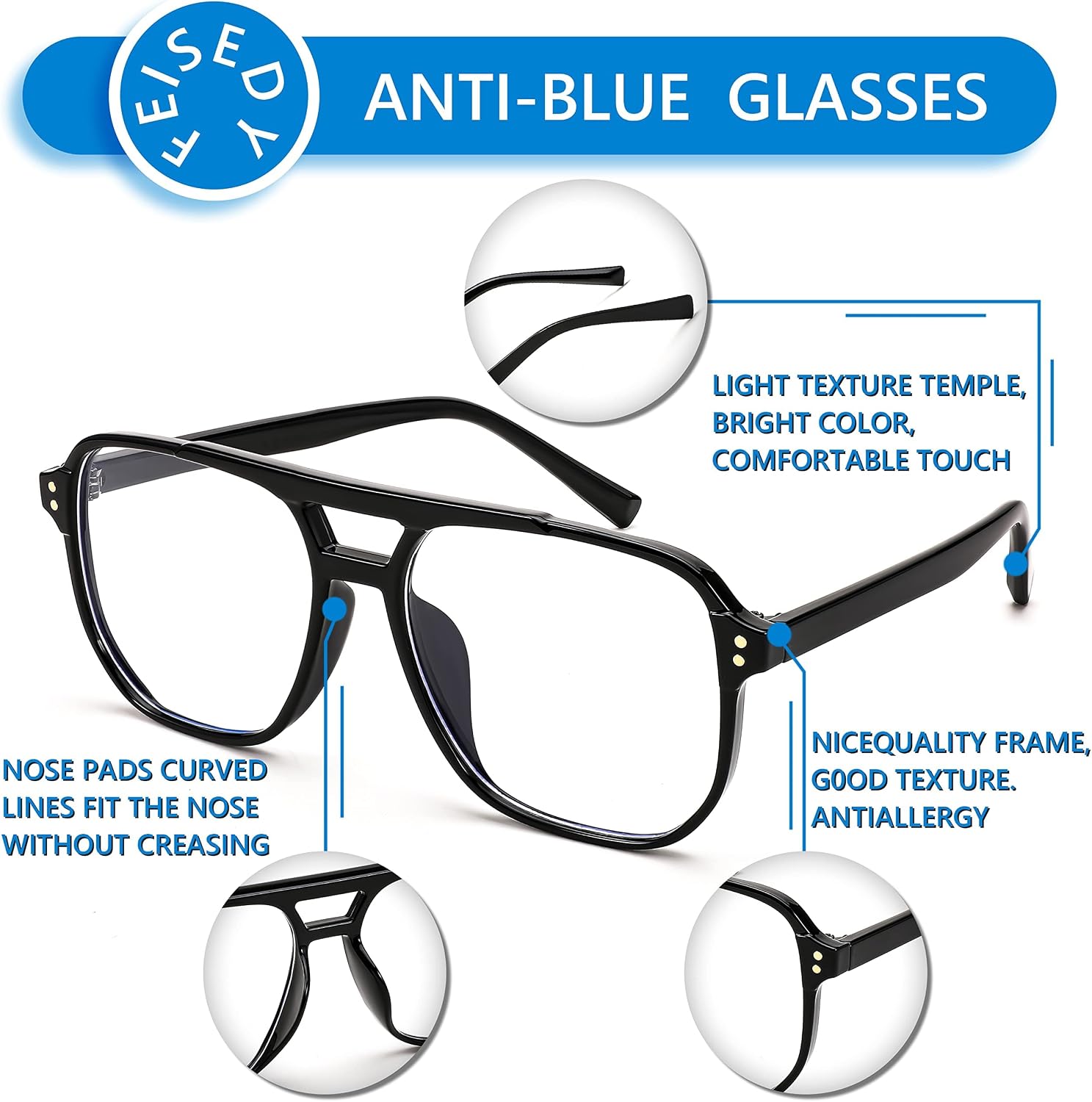 商品图片 41 | B0C6ZZXZ3F | FEISEDY Blue Light Glasses for Women Men Oversized Pilot Lightweight B2866