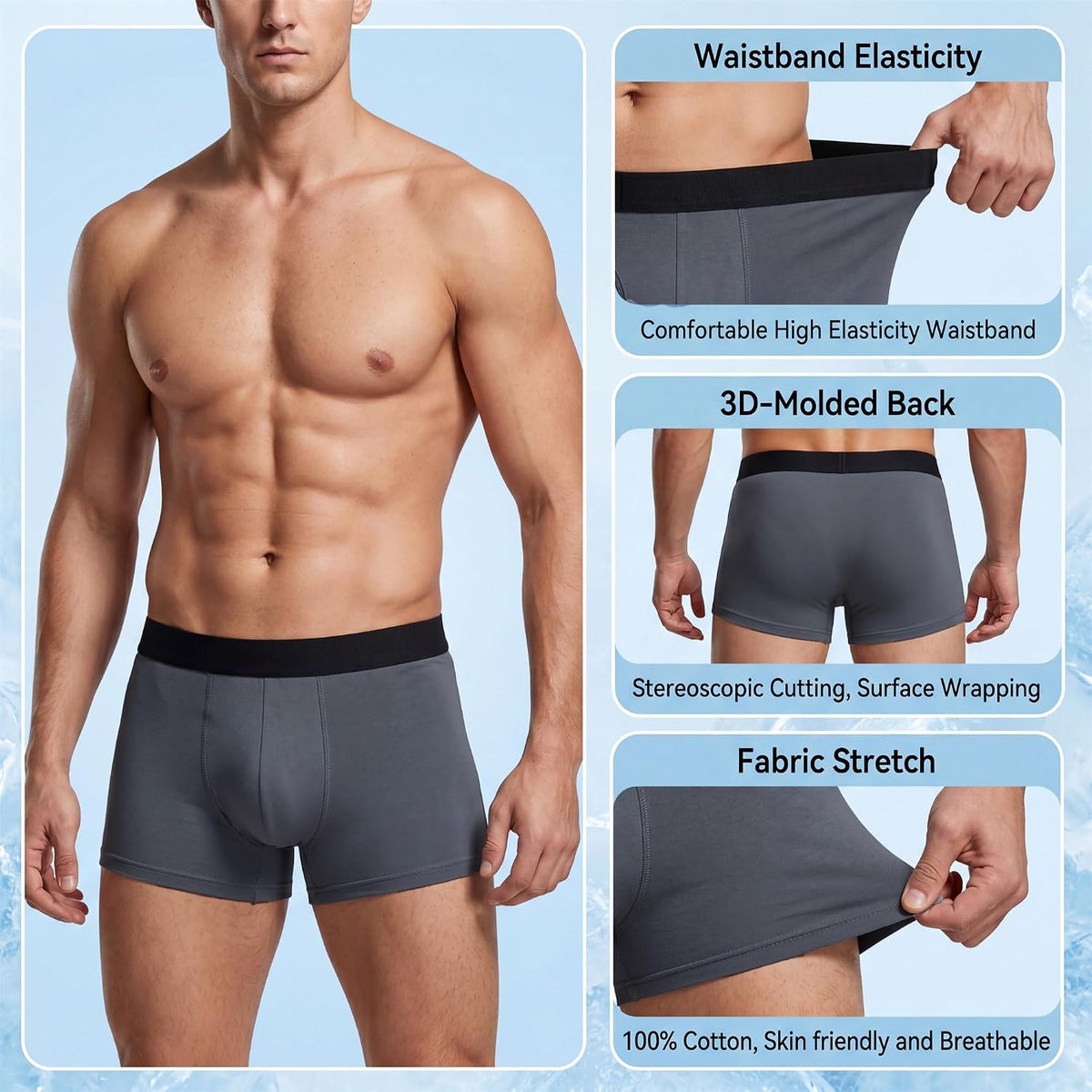 商品图片 5 | B0GWGWQCH1 | 4 Pack Men's Cotton Boxer Shorts - Soft Comfort Underwear Breathable Underpants Basic Essentials Long Leg Briefs, L-2XL