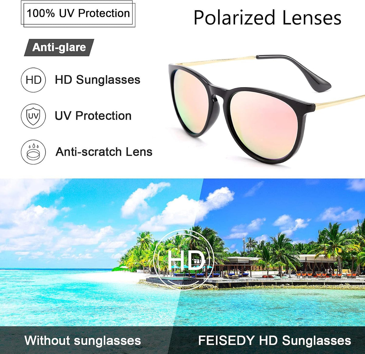 ÉÌƷͼƬ 11 | B0836LJXDK | FEISEDY Polarized Sunglasses Women Men Vintage Round Classic Mirrored Sun Glasses B2571