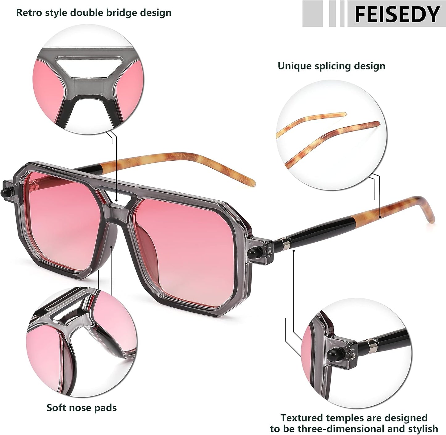 商品图片 22 | B09YTJ4FQZ | FEISEDY Vintage Square 70s Flat Aviator Sunglasses Women Men Classic Retro Stylish Frame UV400 Sunglasses B2622