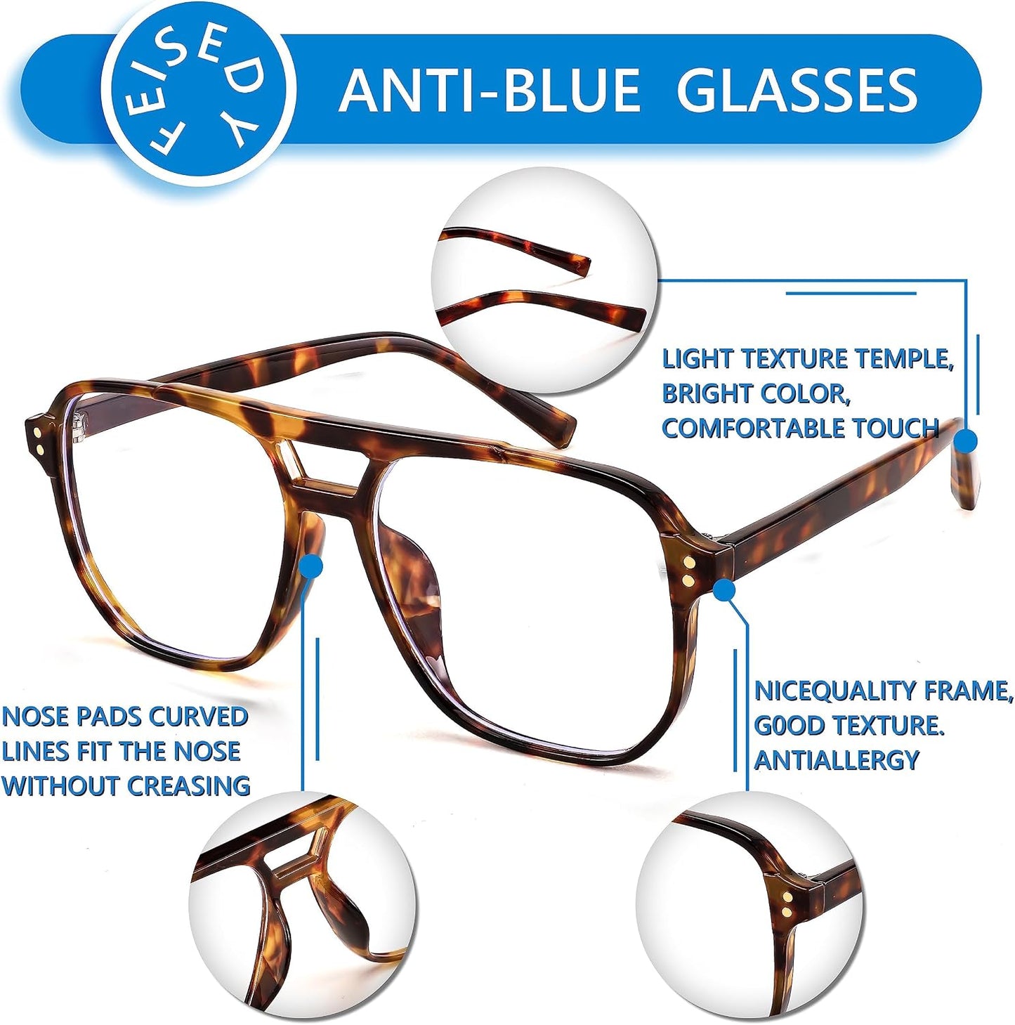 商品图片 5 | B0C6ZZXZ3F | FEISEDY Blue Light Glasses for Women Men Oversized Pilot Lightweight B2866