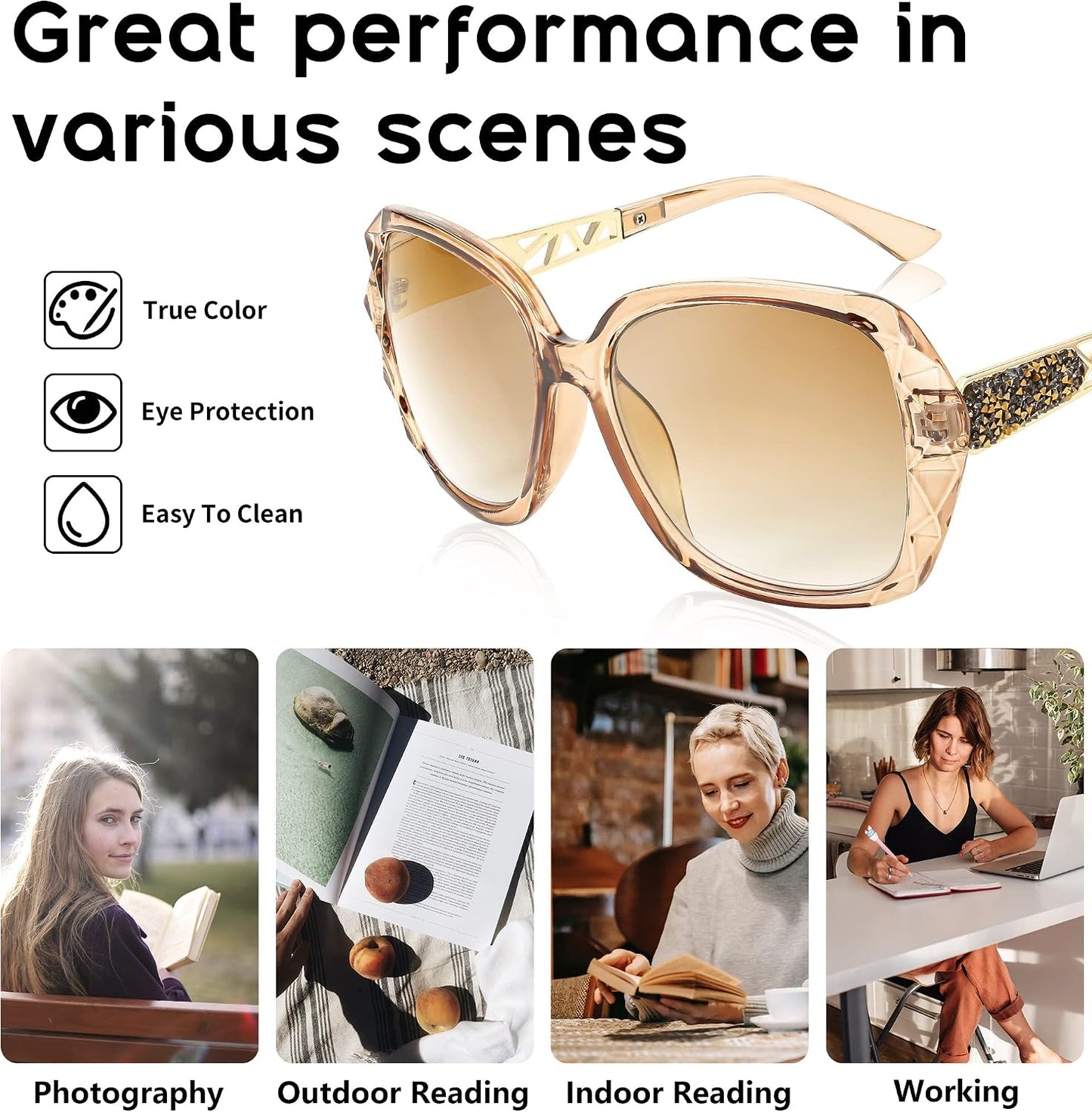 商品图片 5 | B09ZP8KJL4 | FEISEDY Women Square Reading Sunglasses Sparkling Composite Shiny Frame Sun Reader Glasses B2923