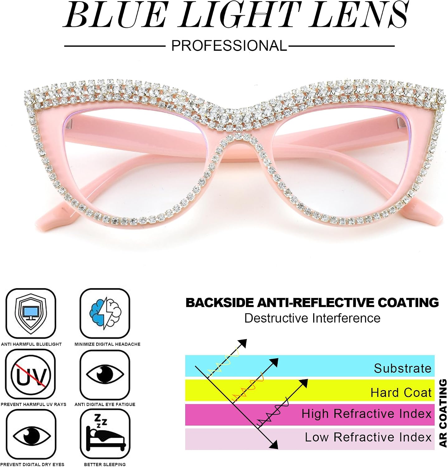 商品图片 16 | B0BLH5NHK8 | FEISEDY Diamond Blue Light Blocking Glasses Cat Eye Rhinestone Women Oversized Anti Eyestrain Computer Glasses Frame B2358