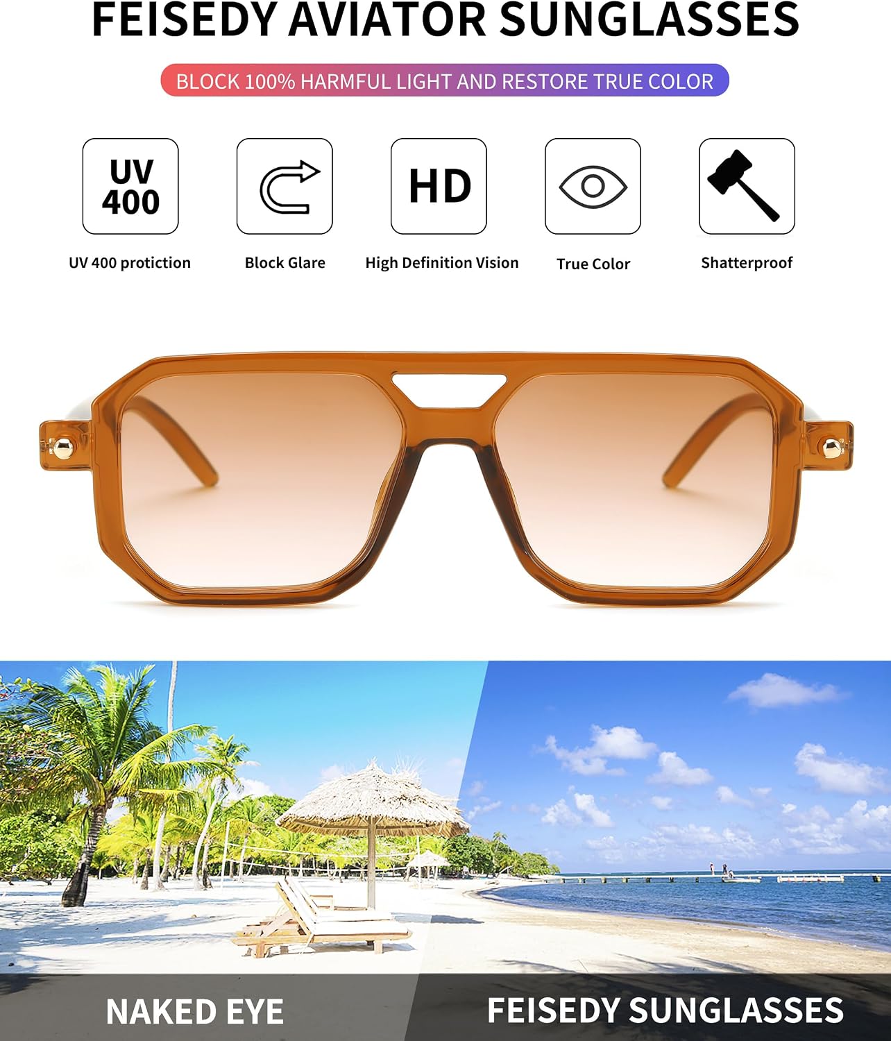 商品图片 95 | B09YTJ4FQZ | FEISEDY Vintage Square 70s Flat Aviator Sunglasses Women Men Classic Retro Stylish Frame UV400 Sunglasses B2622