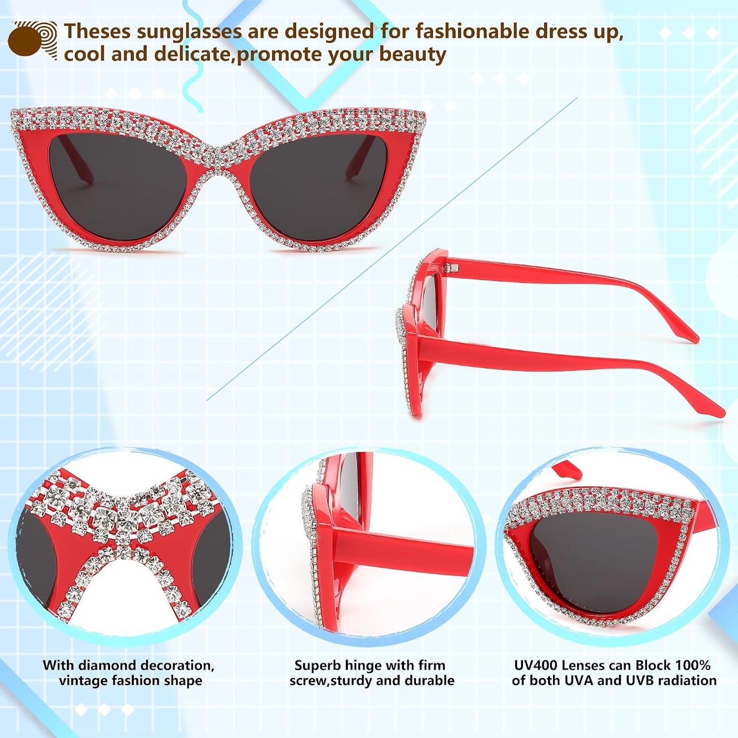 商品图片 21 | B0BZ7YMM4F | FEISEDY Oversized Women Cat Eye Rhinestone Sunglasses Costume Party B2360