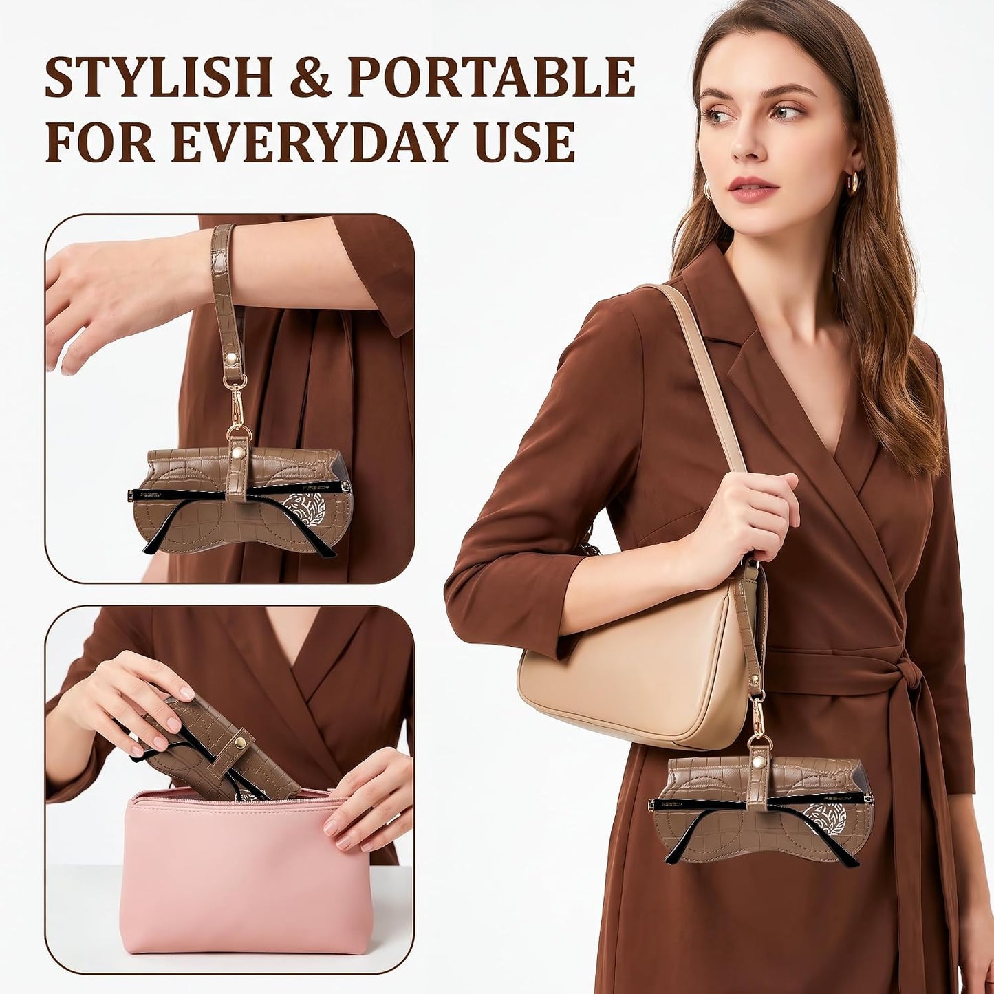 商品图片 3 | B0H4QTYMQP | FEISEDY Soft Crocodile Textured Leather Sunglass Bag, Portable Glasses Pouch With Button Clip Wrist Strap B0366