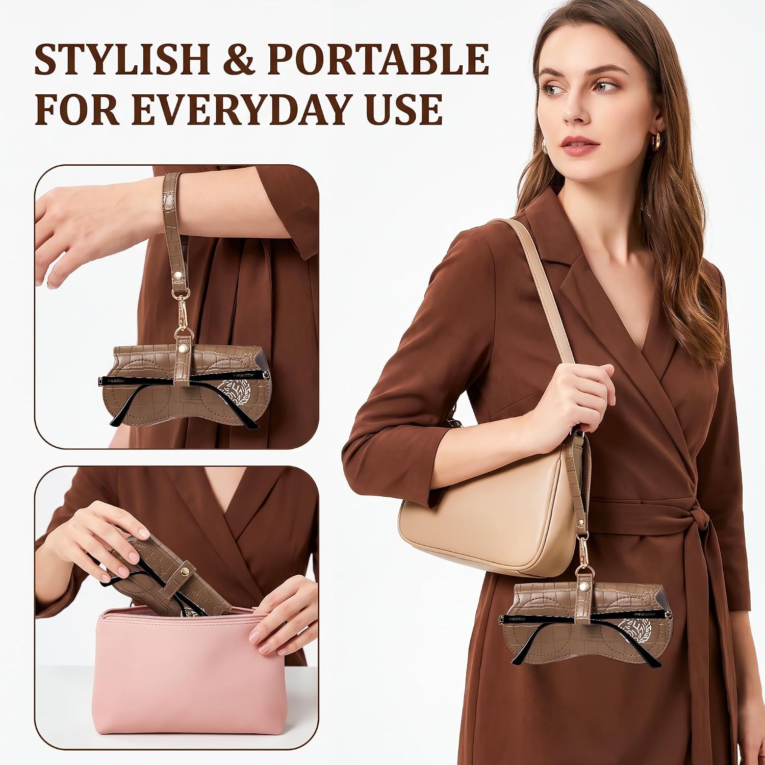 商品图片 3 | B0H4QTYMQP | FEISEDY Soft Crocodile Textured Leather Sunglass Bag, Portable Glasses Pouch With Button Clip Wrist Strap B0366