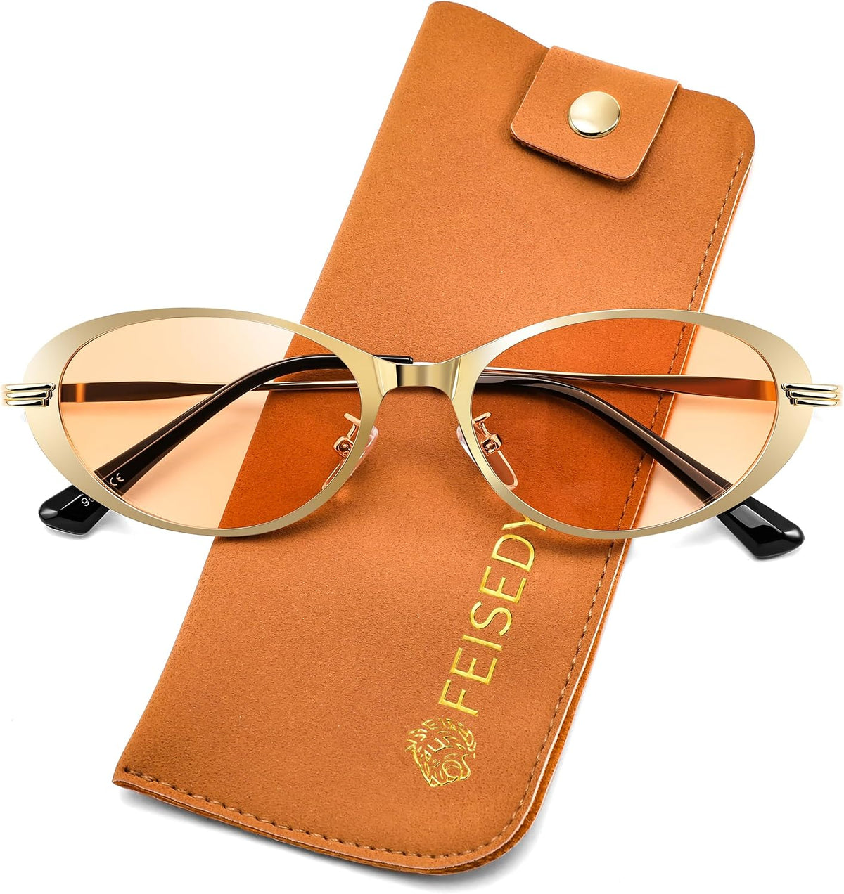 Gold Frame + Champagne Lens / 52 Millimeters | B0GVDLW4WW | FEISEDY Metal Oval Sunglasses UV400 Protection for Women and Men B0429