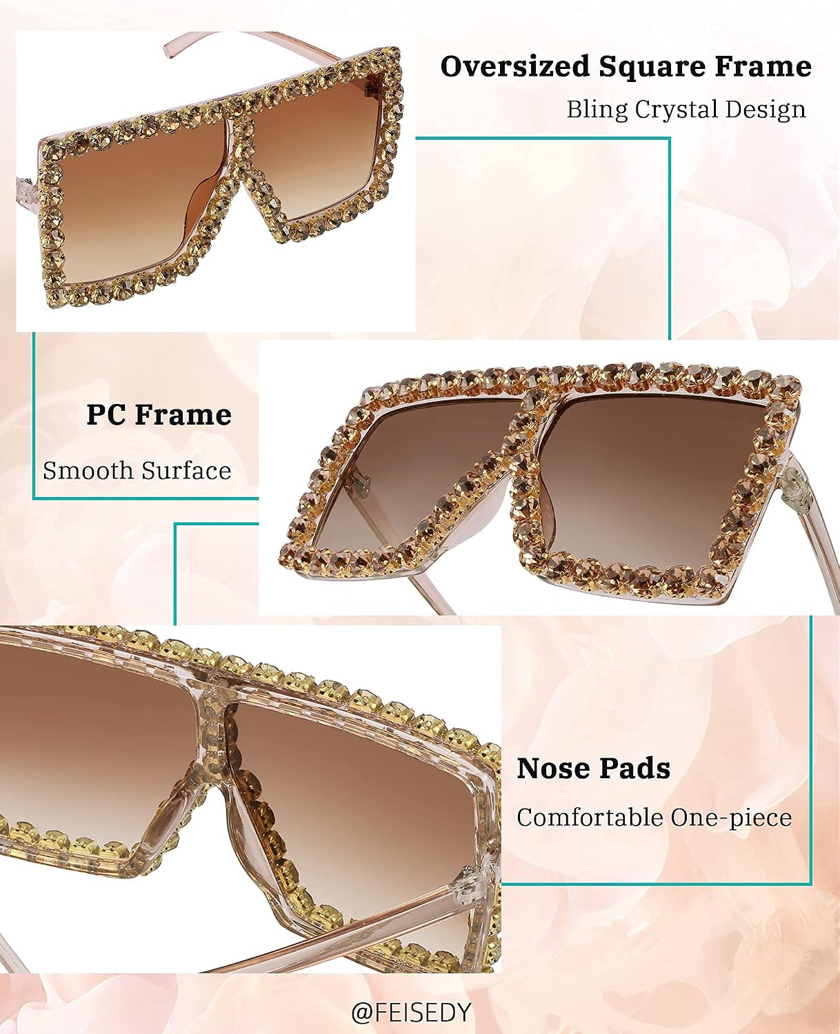 商品图片 26 | B096YZPRF2 | FEISEDY Oversized Sparkling Crystal Sunglasses Disco Diamond Flat Top Fashion Square Large Shades B2782