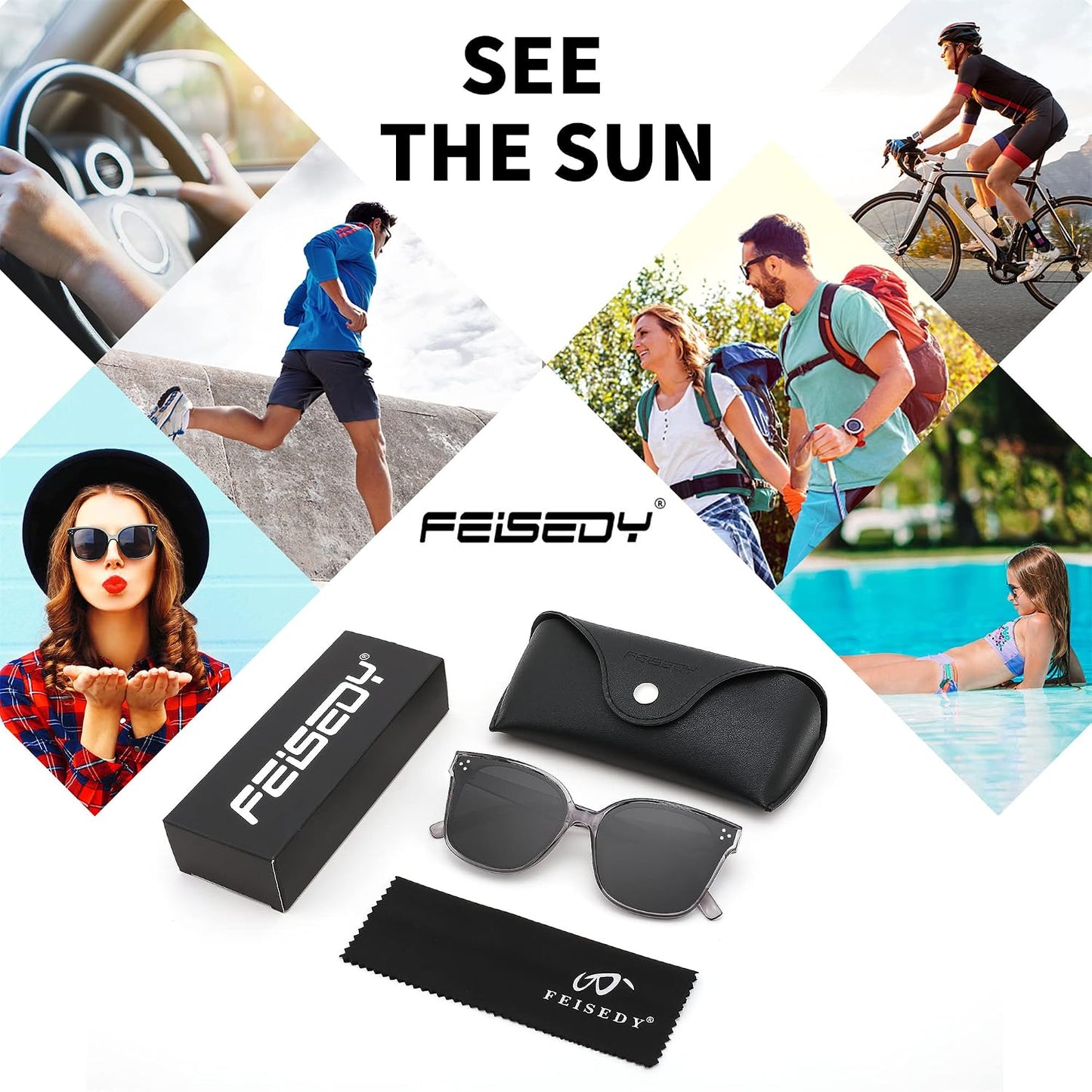 商品图片 21 | B0871BKMTN | FEISEDY Oversized Polarized Sunglasses - UV400 Protection, Square Fashion Sun Glasses for Outdoor & Daily B2600