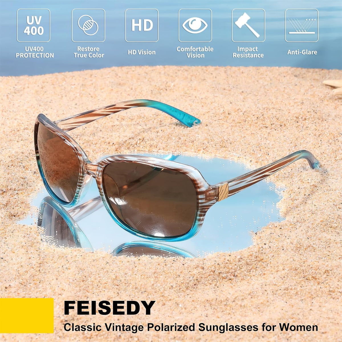 商品图片 28 | B0FZKDK786 | FEISEDY Polarized Sunglasses for Women Classic Vintage UV400 Shade | Trendy Square Wraparound Ladies Sun Glasses B0309