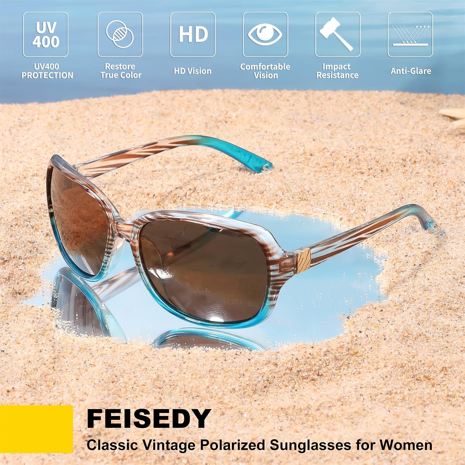 商品图片 28 | B0FZKDK786 | FEISEDY Polarized Sunglasses for Women Classic Vintage UV400 Shade | Trendy Square Wraparound Ladies Sun Glasses B0309