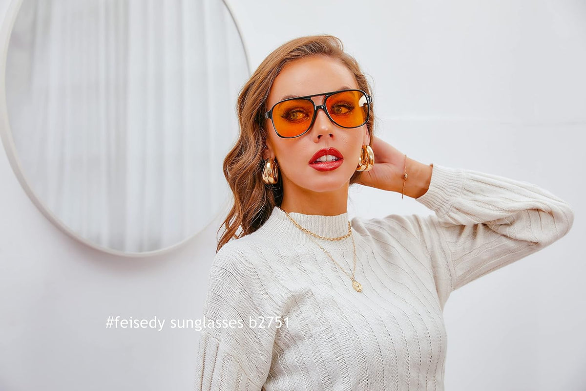ÉÌƷͼƬ 108 | B0CB543WBD | FEISEDY Vintage Retro 70s Plastic Aviator Sunglasses Women Men Classic Large Squared Frame B2751
