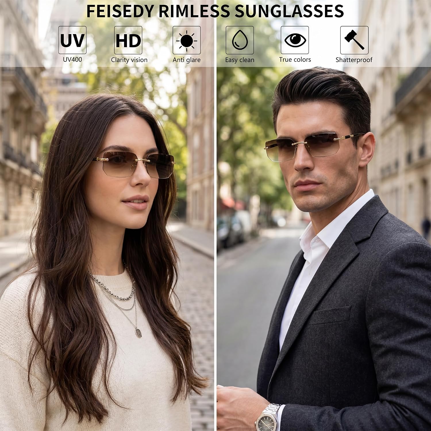 商品图片 84 | B0CY2Q4VW1 | FEISEDY Rimless Sunglasses Y2K Retro Small Narrow Rectangle Shades B2643