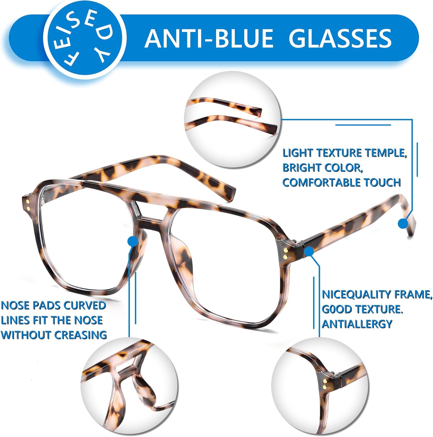 商品图片 13 | B0C6ZZXZ3F | FEISEDY Blue Light Glasses for Women Men Oversized Pilot Lightweight B2866