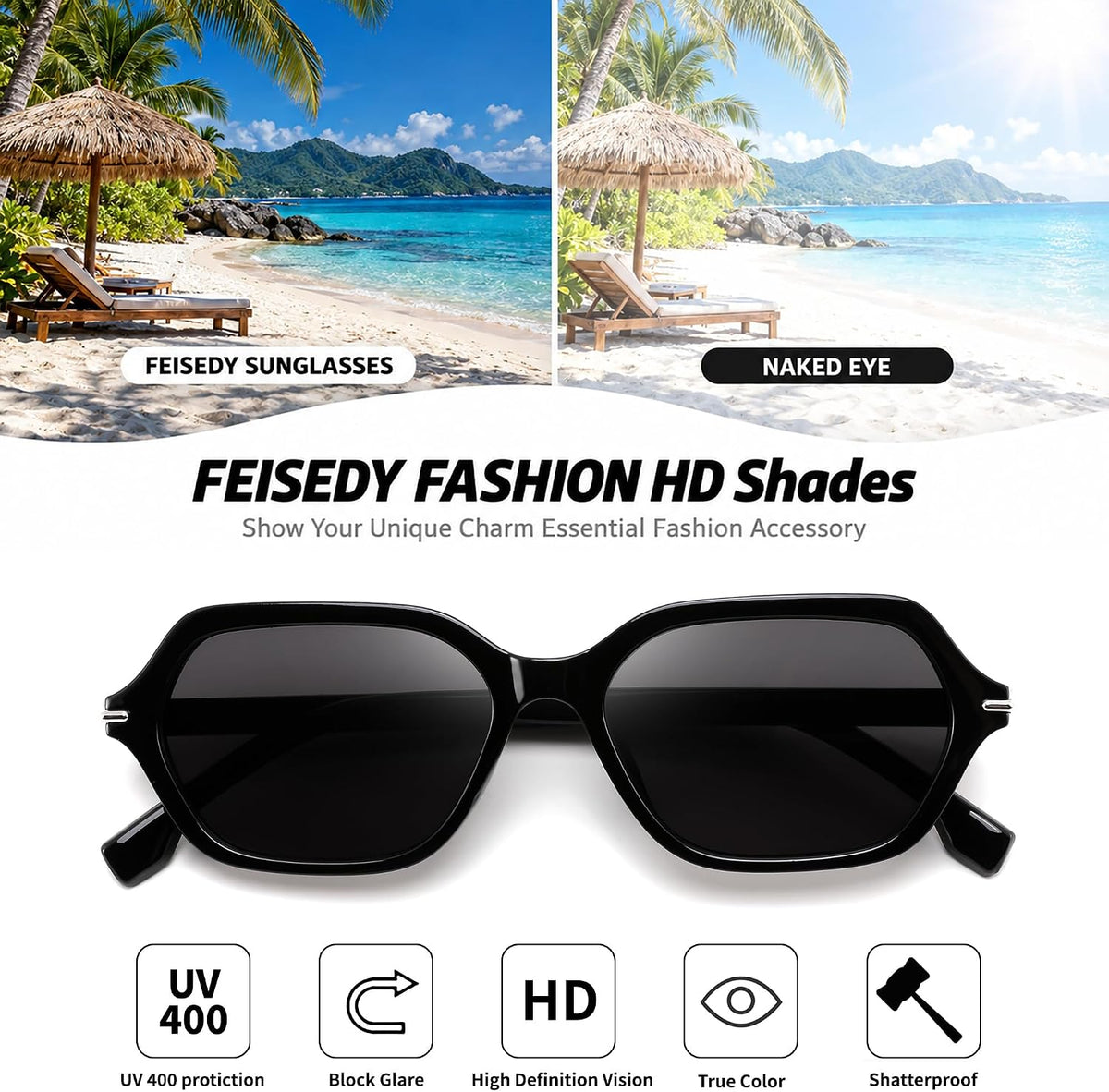 ÉÌƷͼƬ 33 | B0HJYQR9BW | FEISEDY Classic Square Sunglasses for Women Men, Retro Trendy Shades B0493