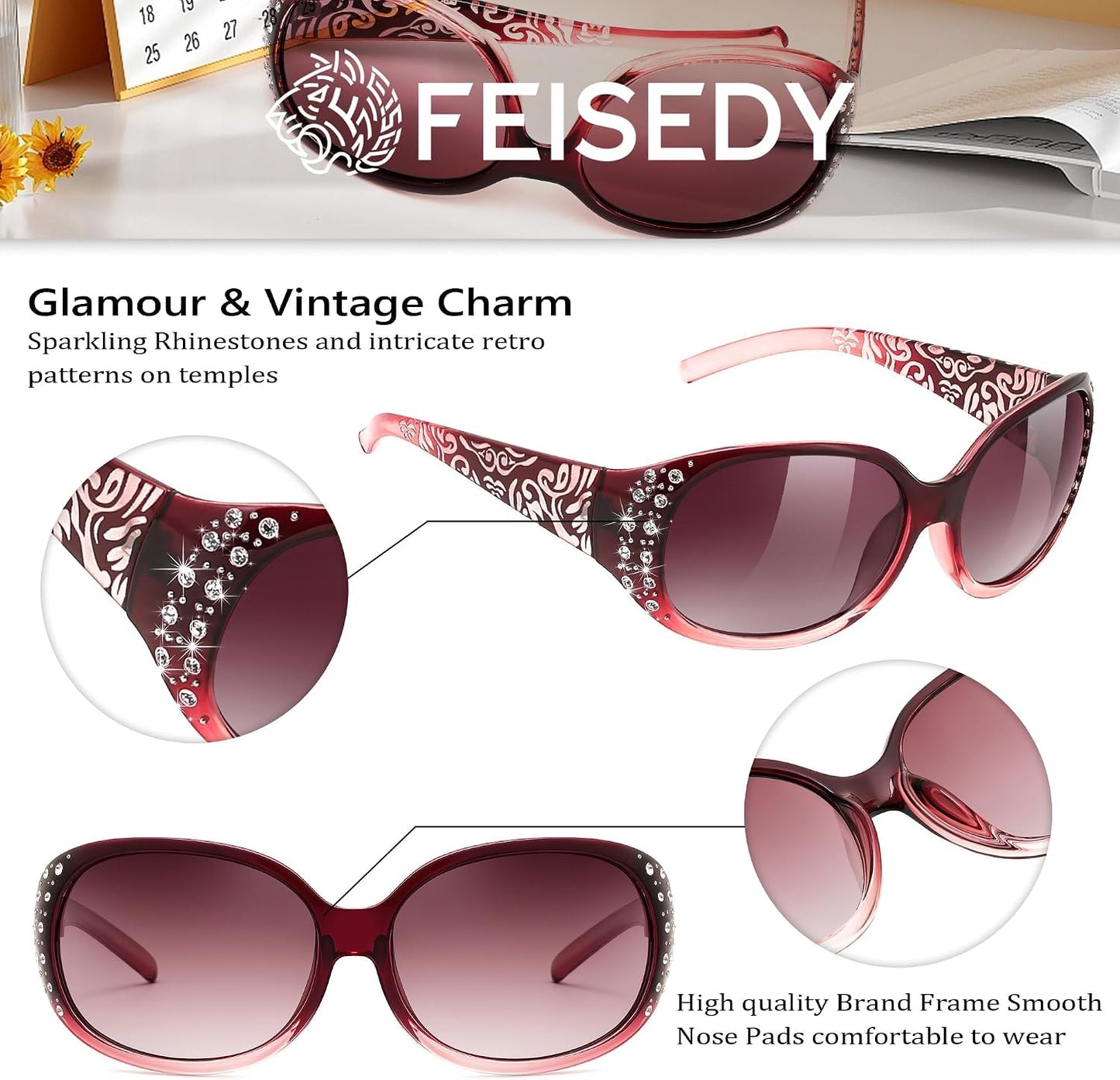 商品图片 43 | B0FZT6D16L | FEISEDY Women's Polarized Sunglasses Wrap Around Rhinestone Design Fashion Sunnies UV400 Protection B1091