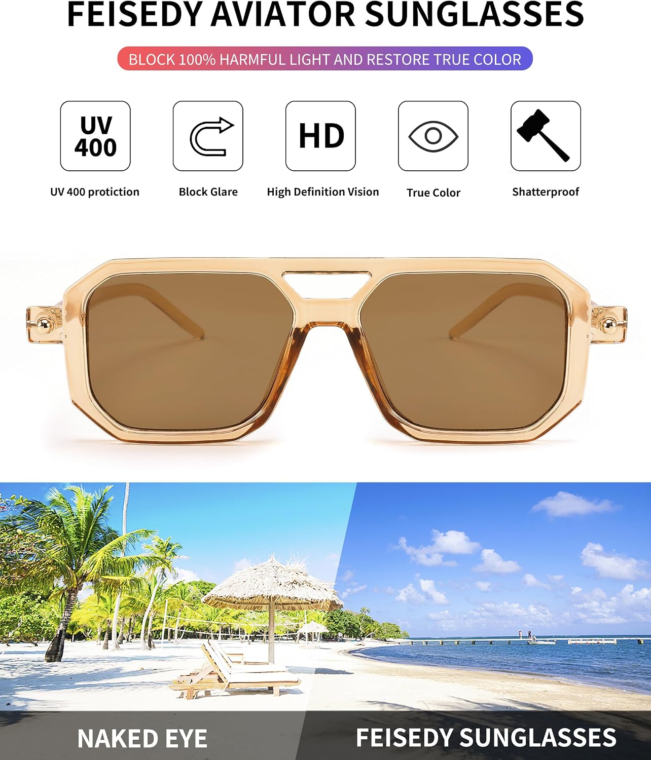 商品图片 119 | B09YTJ4FQZ | FEISEDY Vintage Square 70s Flat Aviator Sunglasses Women Men Classic Retro Stylish Frame UV400 Sunglasses B2622
